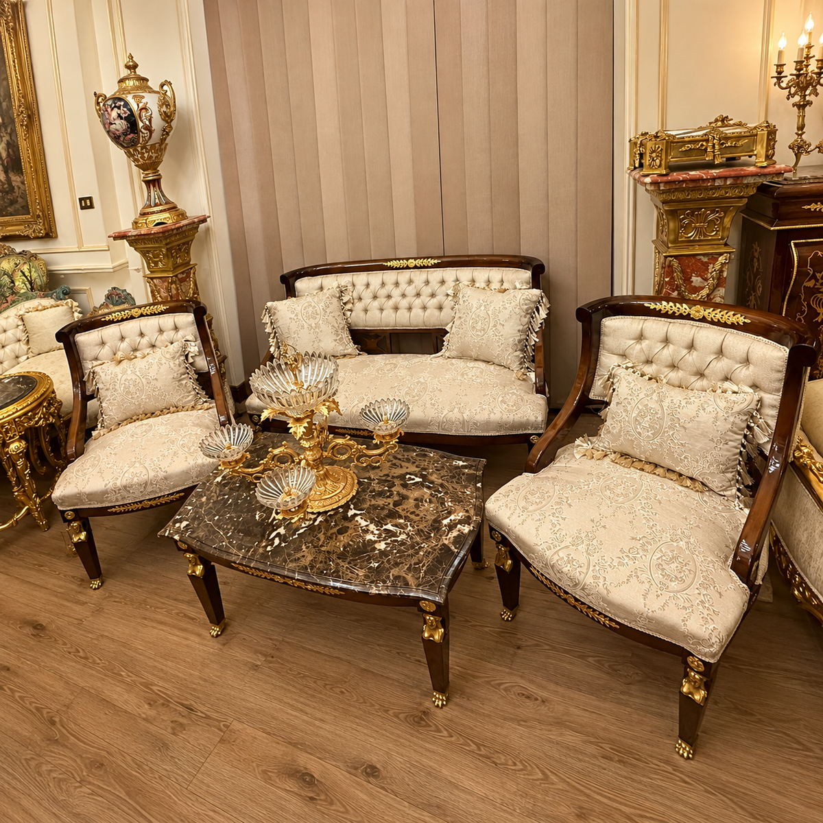 French Neoclassical Living Room Set – Ivory Damask Sofa, 2 Armchairs & Marble-Top Coffee Table with Gilded Details