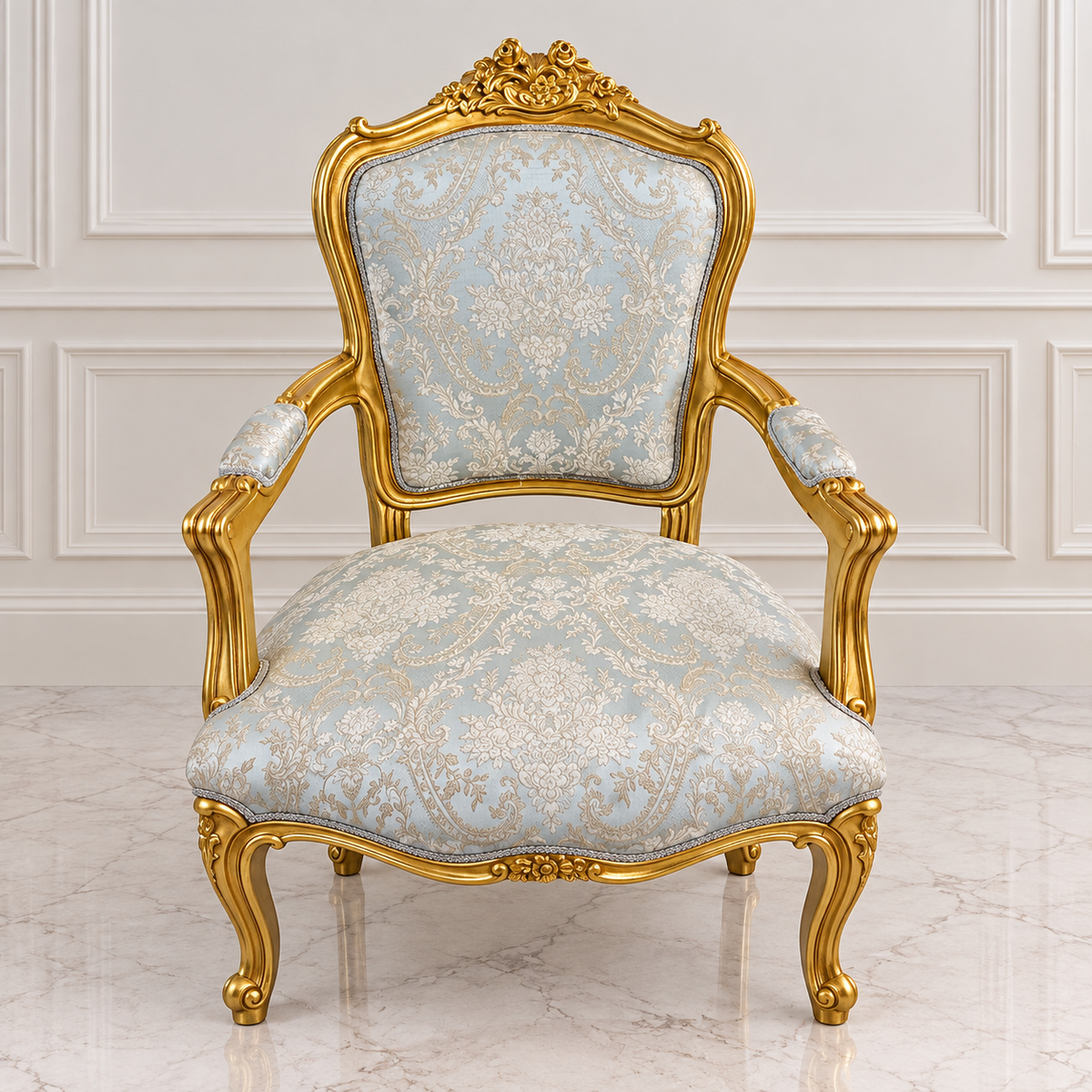 French-Style Armchair – Light Blue Damask Upholstery with Ornate Gold Leaf Frame