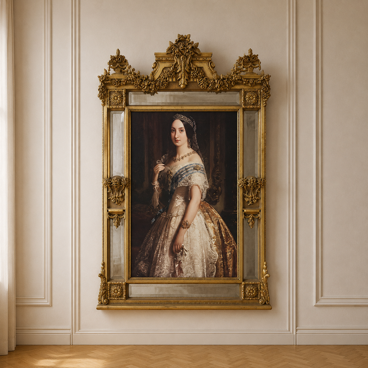 French Baroque Gold Leaf Portrait Frame with Mirrored Details – Ornate Floral Wall Art