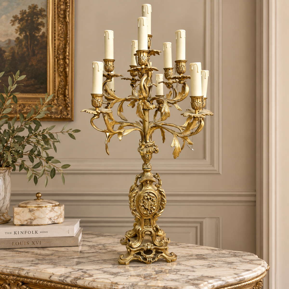 Grand French-Style Gilded Bronze Candelabra – Ornate Foliate Design with Multiple Candle-Style Lights