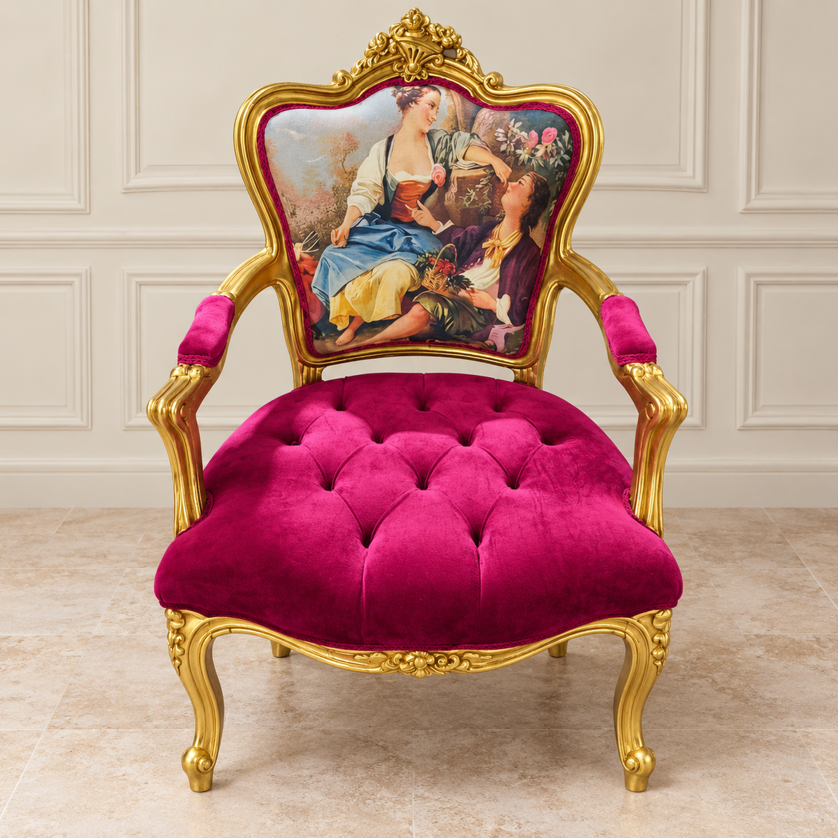 French-Style Burgundy Velvet Armchair – Tufted Upholstery with Ornate Gold Leaf Frame