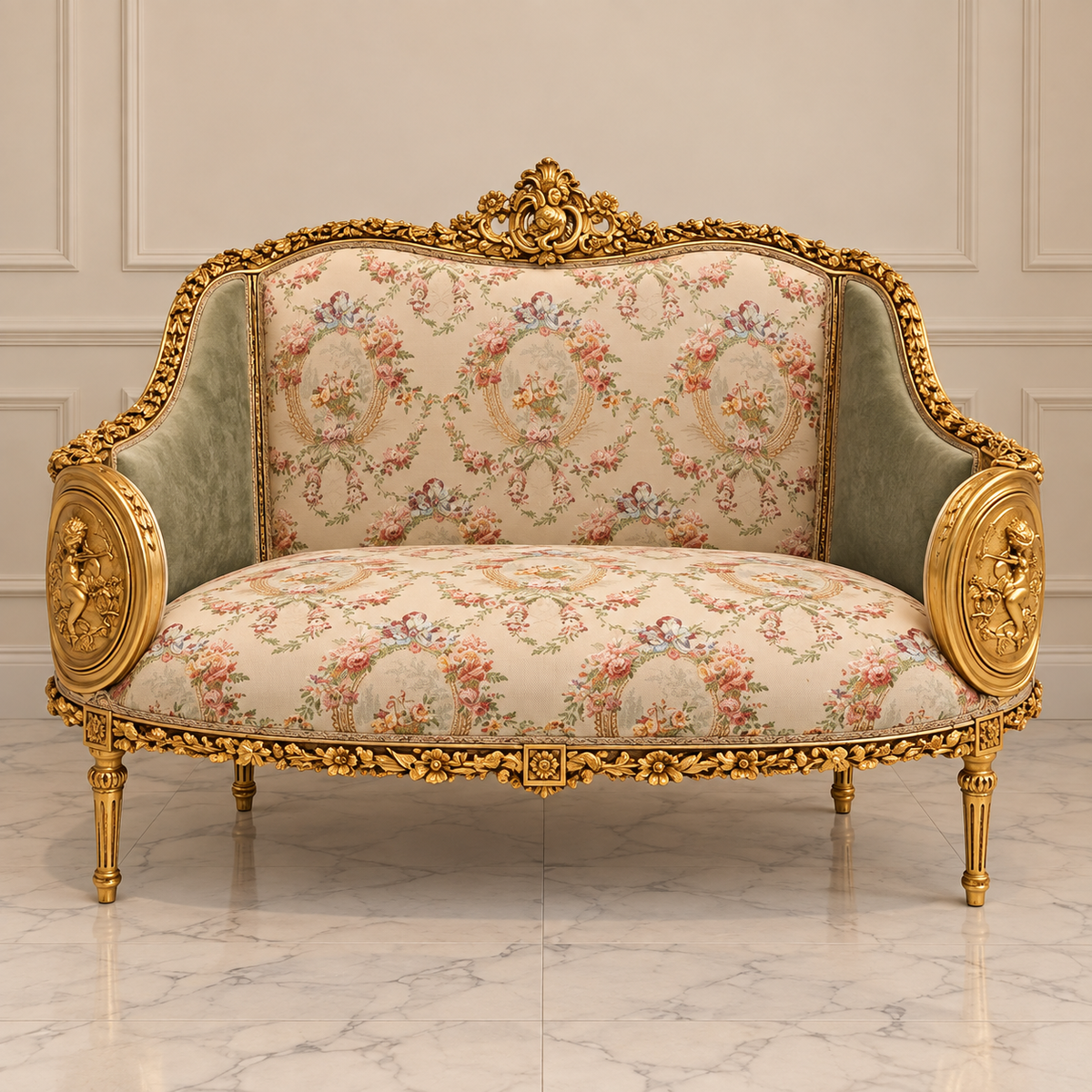 French Louis XVI Style Sofa – Floral Damask Upholstery, Carved Wood & Gold Leaf Frame