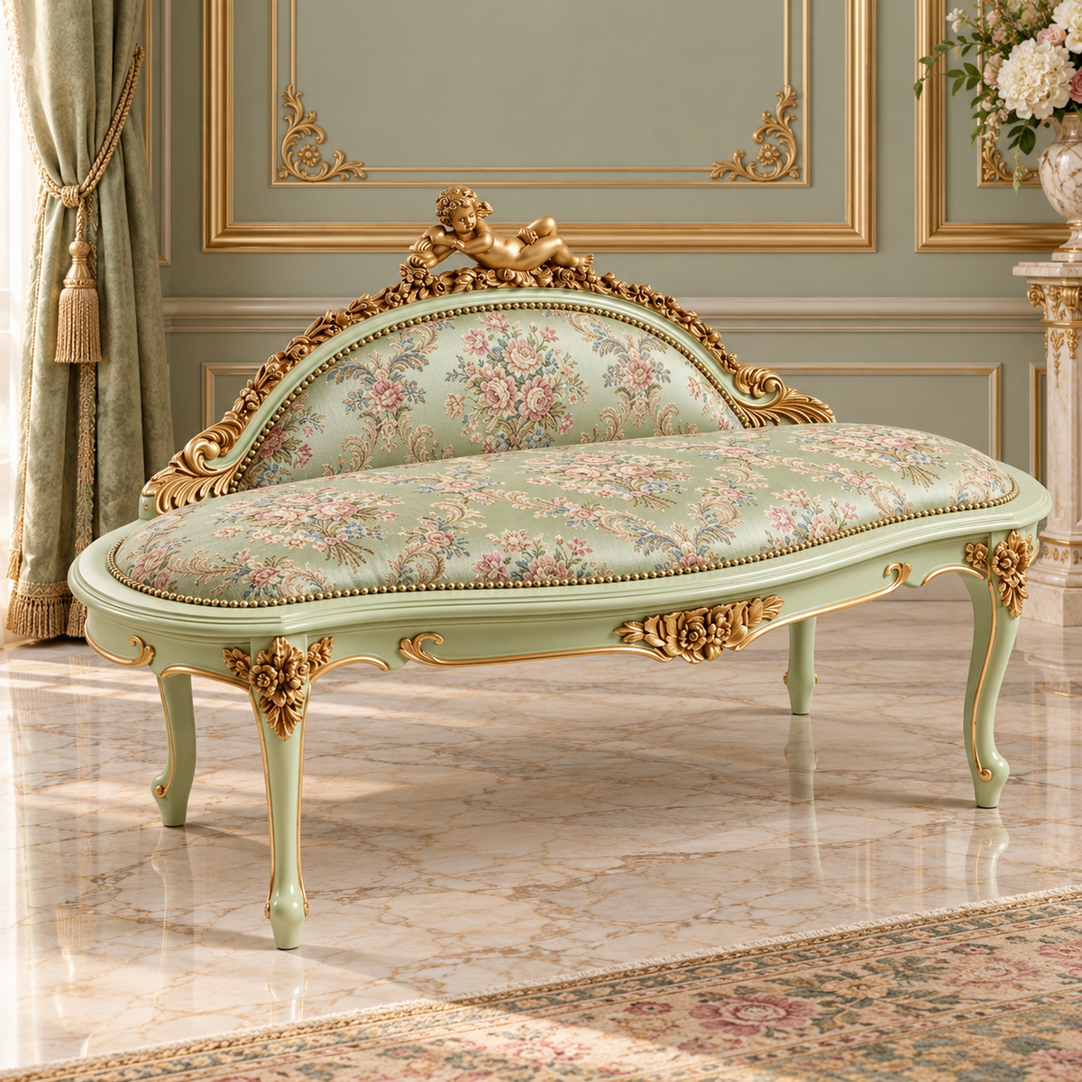 French-Style Green Settee – Floral Upholstery, Gold Leaf Frame & Cherub Crest