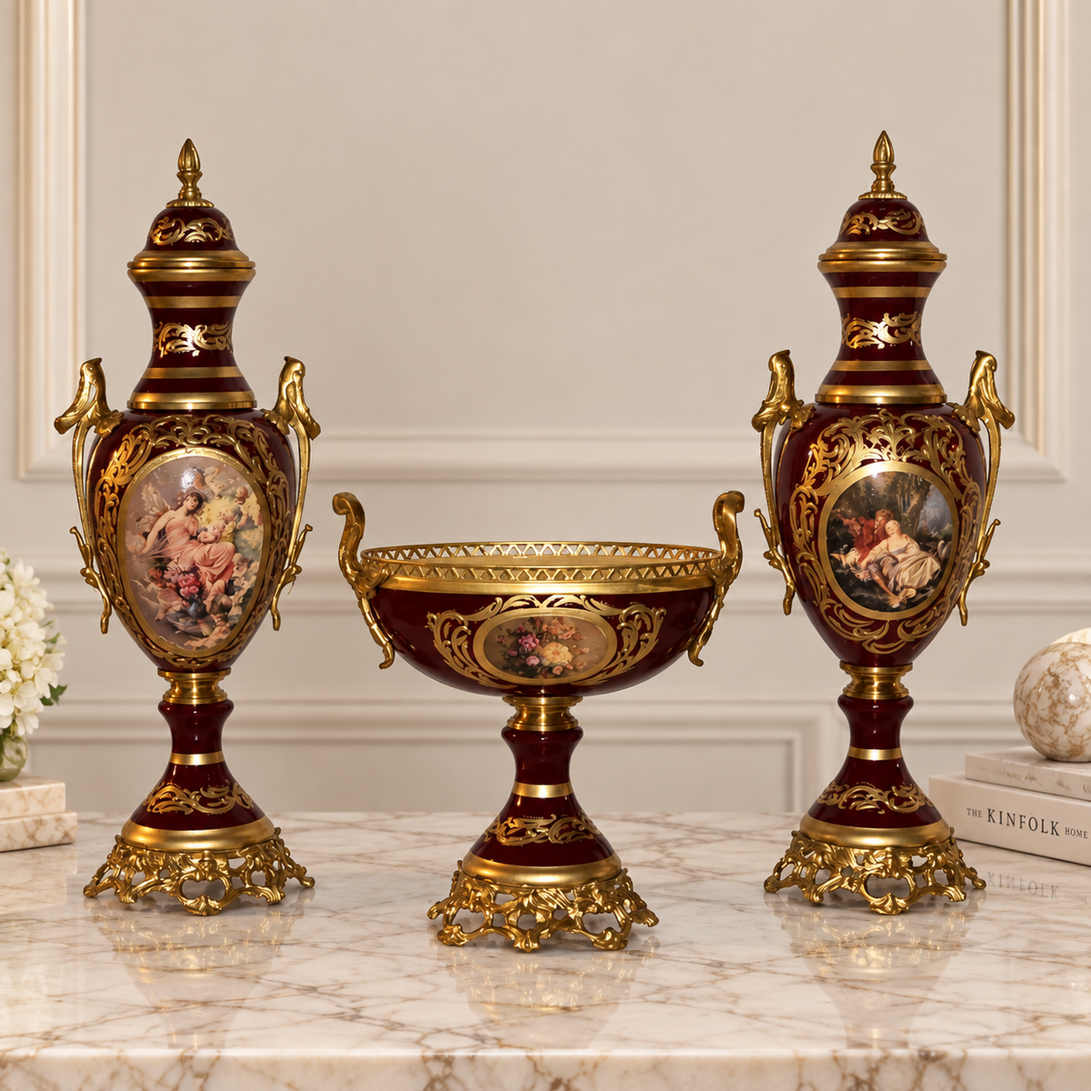 French Style Burgundy Porcelain Garniture Set with Two Covered Vases and Central Jardinière – Gold Leaf & Bronze