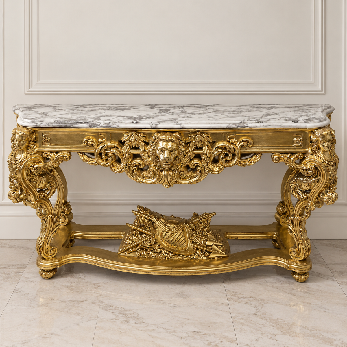 Grand French-Style Console Table – Marble Top with Ornate Gold Leaf & Gilded Bronze Details