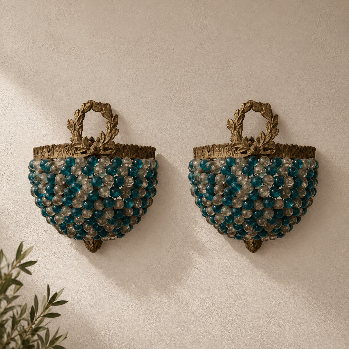 French-Style Petite Wall Sconces – Blue & Clear Beaded Design with Ornate Bronze Details | Set of 2