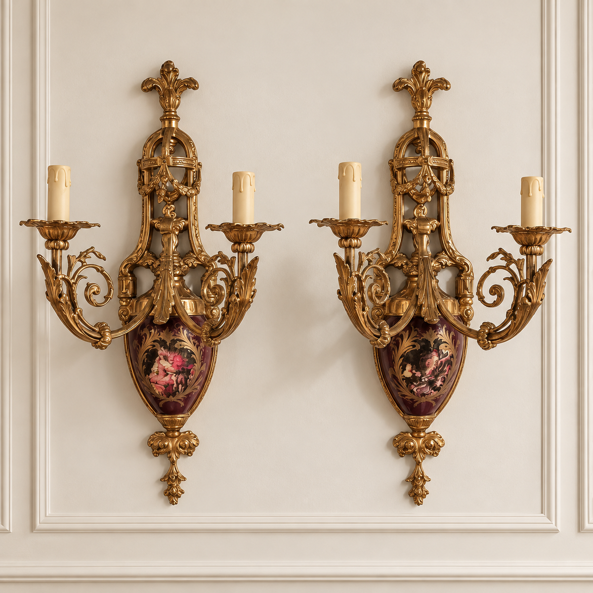 French Bronze and Gold Leaf Wall Sconce with Ornate Foliate Arms, Floral Porcelain Plaque and Candle-Style Lights