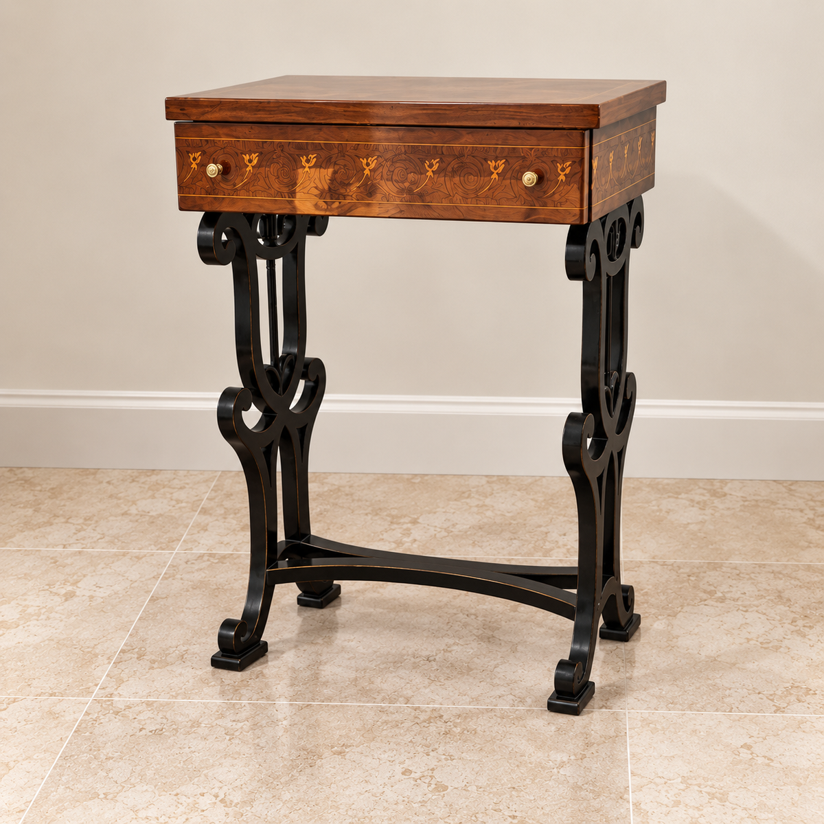 French-Style Side Table – Rich Wood Inlay, Decorative Drawer & Sculptural Black Base
