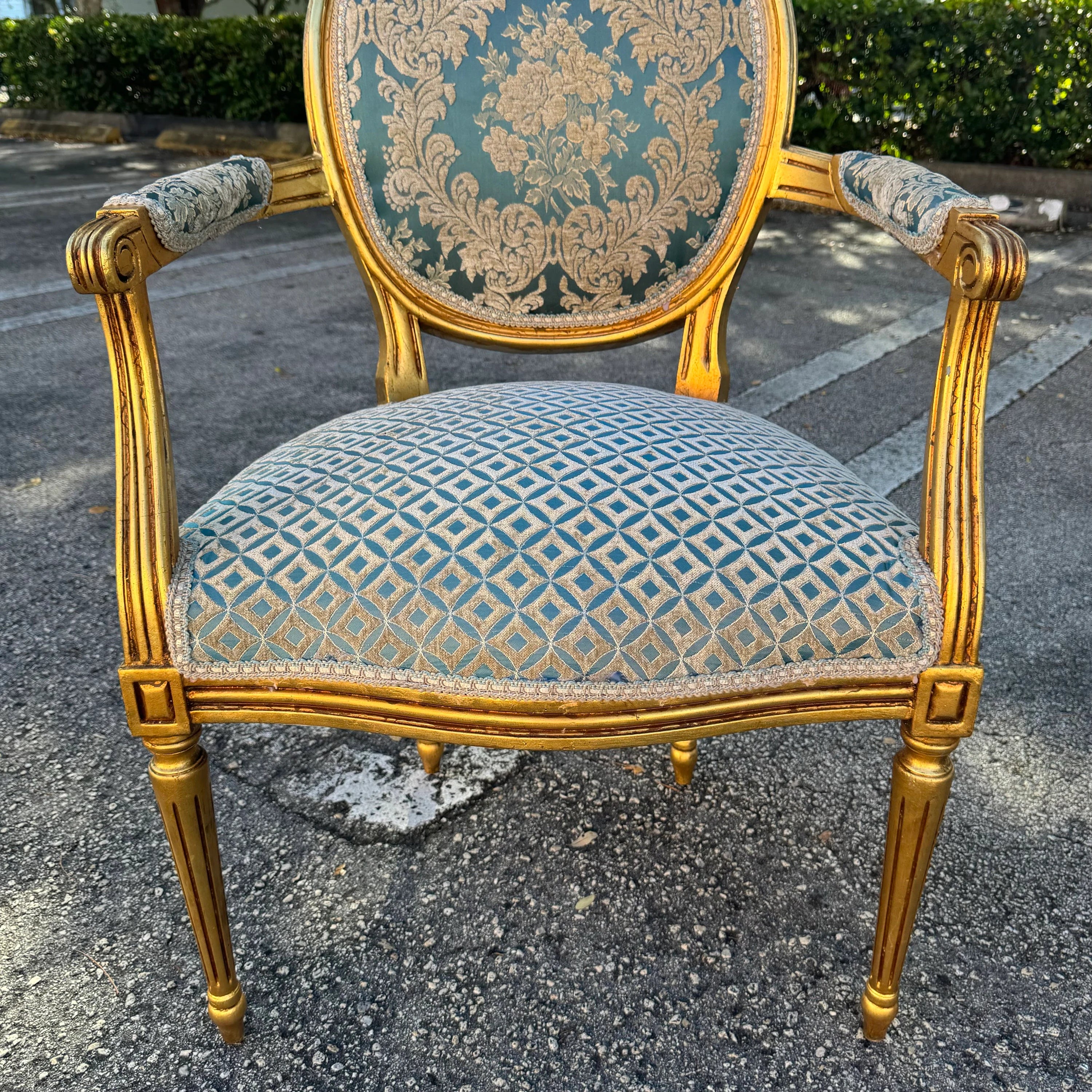 French Rococo Baroque Blue Damask Chair with Gold Leaf Details