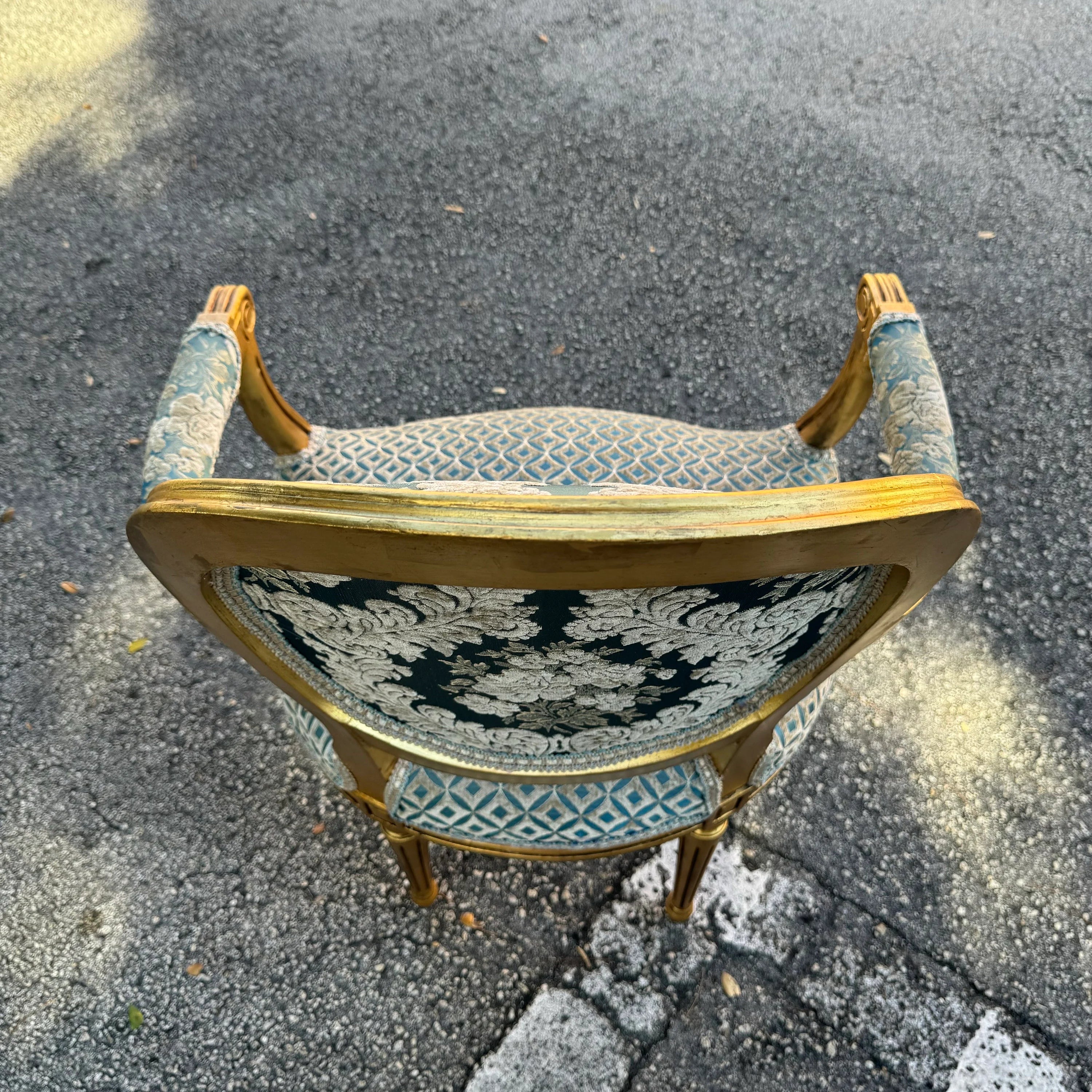 French Rococo Baroque Blue Damask Chair with Gold Leaf Details