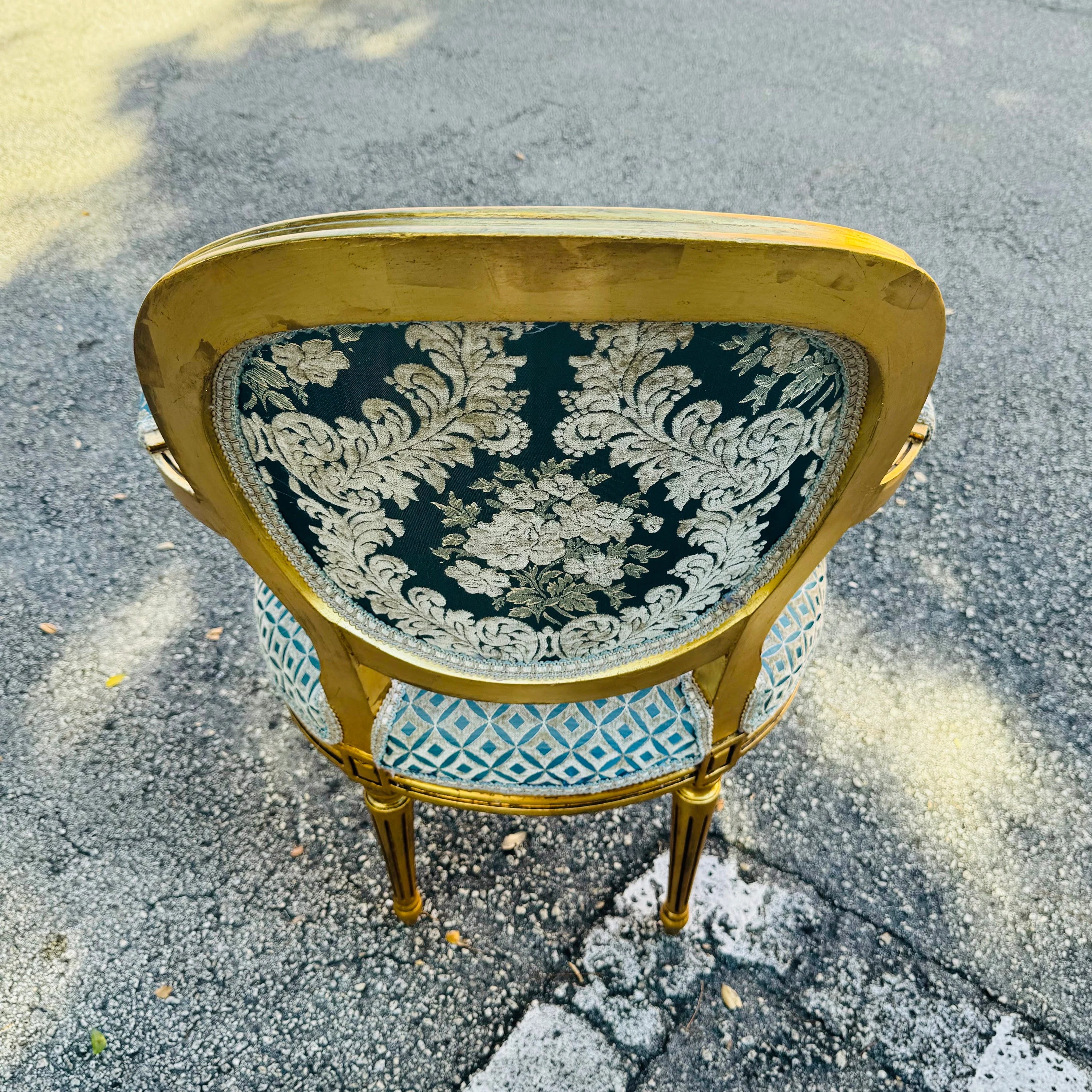 French Rococo Baroque Blue Damask Chair with Gold Leaf Details