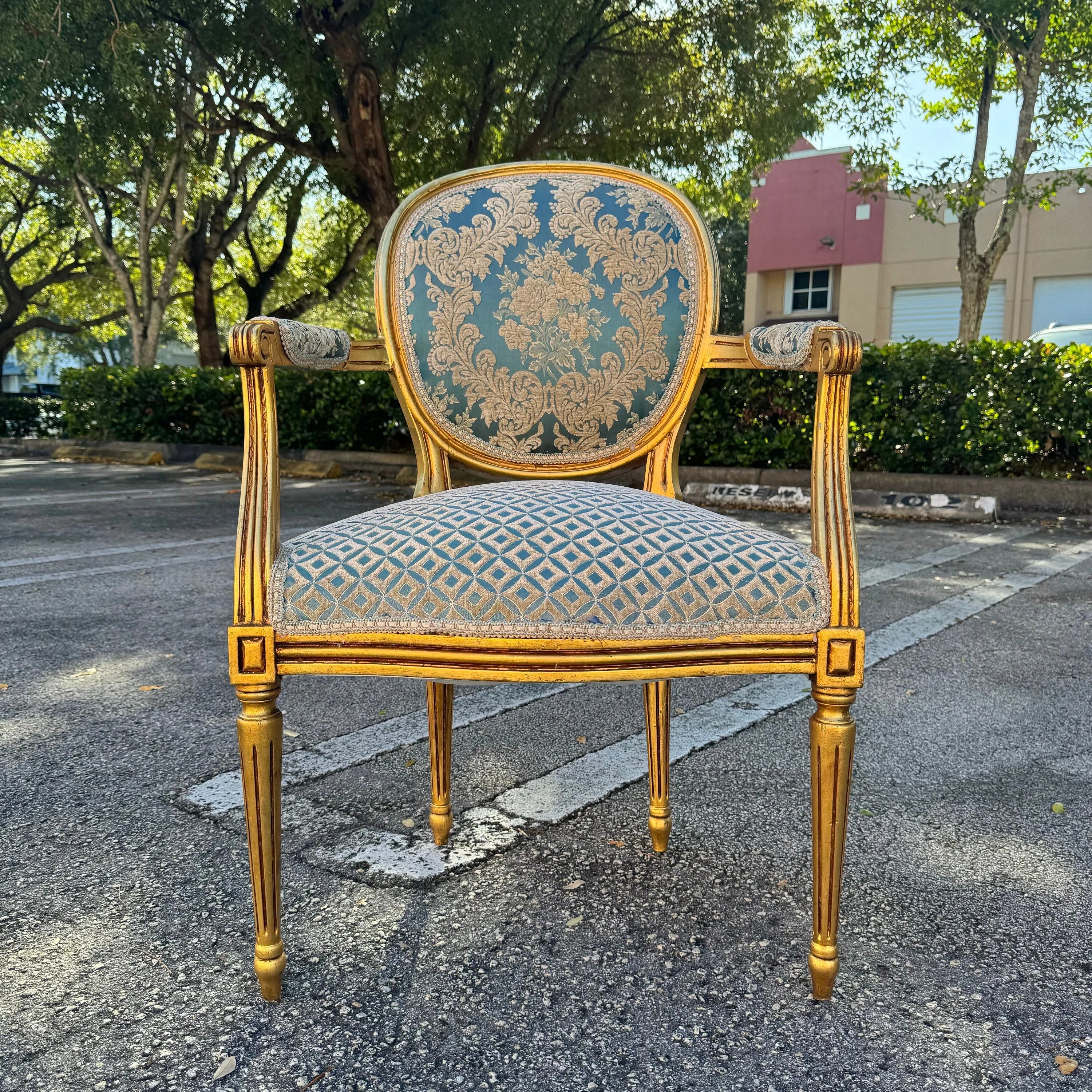 French Rococo Baroque Blue Damask Chair with Gold Leaf Details