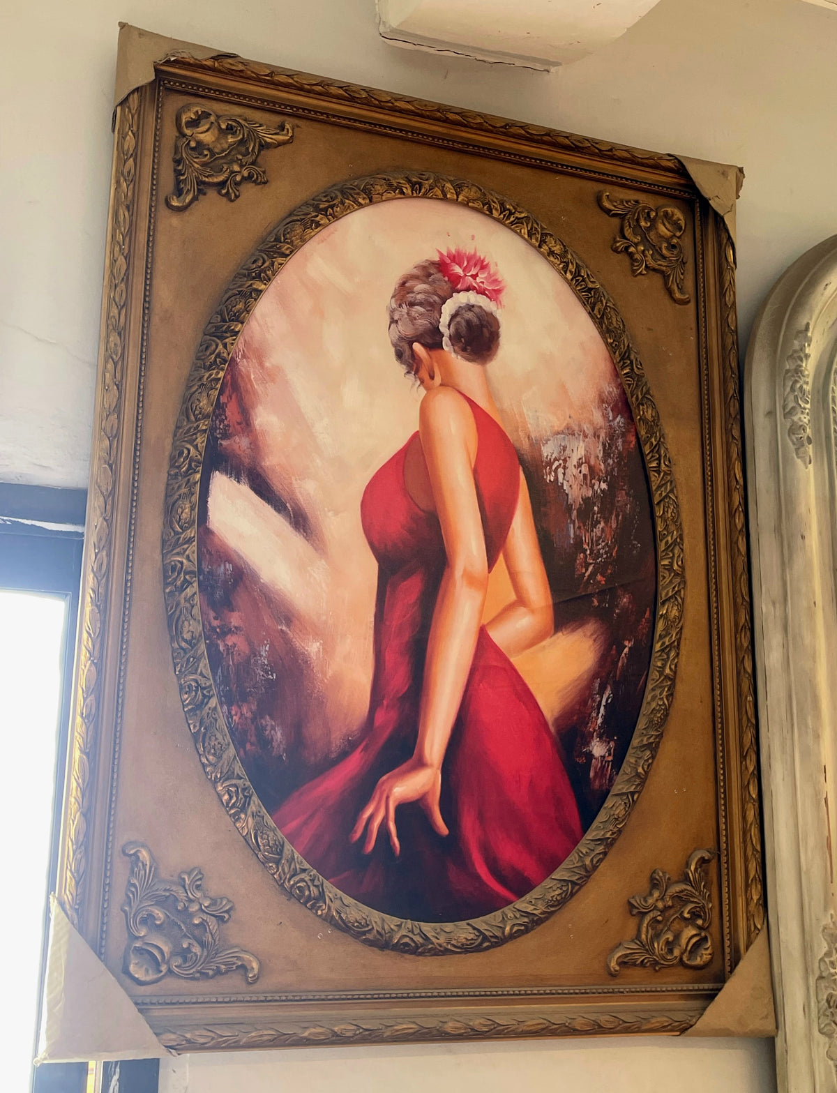 Elegant Figurative Wall Art – Woman in a Red Evening Gown with Ornate Gold Leaf Frame