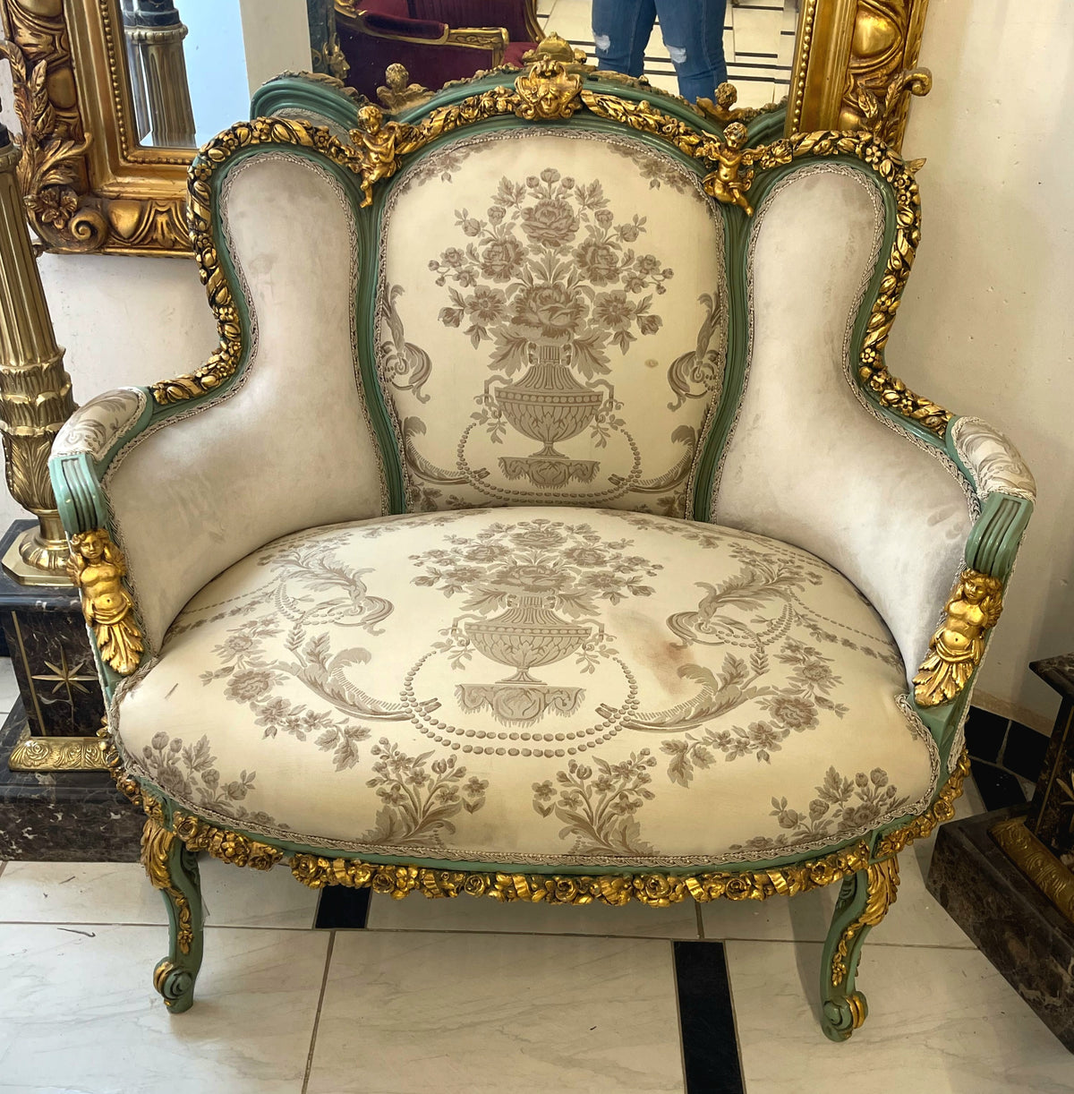 French Rococo Petite Sofa Settee – Ivory Damask Upholstery, Teal Green Frame & Ornate Gold Leaf Cherub Details