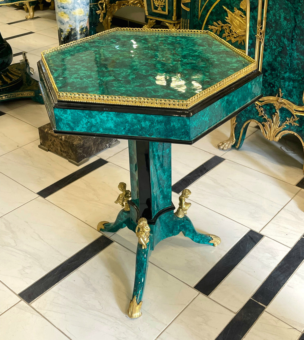 French-Inspired Geometric Center Table – Green Marbled Finish, Gold Leaf Trim & Sculptural Gilded Details