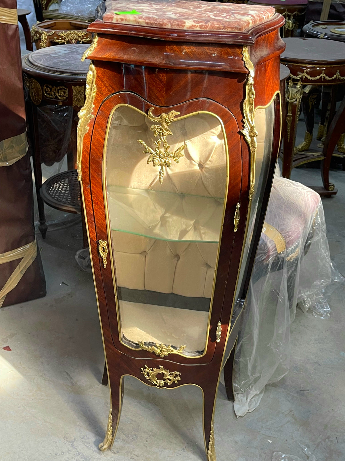 Petite French-Style Display Vitrine – Rich Wood Finish, Beige Tufted Velvet Interior & Gold Leaf Details