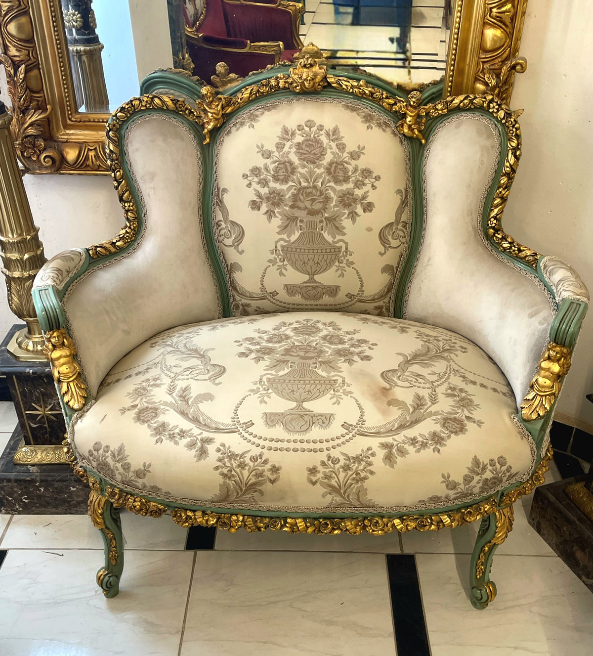 French Rococo Petite Sofa Settee – Ivory Damask Upholstery, Teal Green Frame & Ornate Gold Leaf Cherub Details