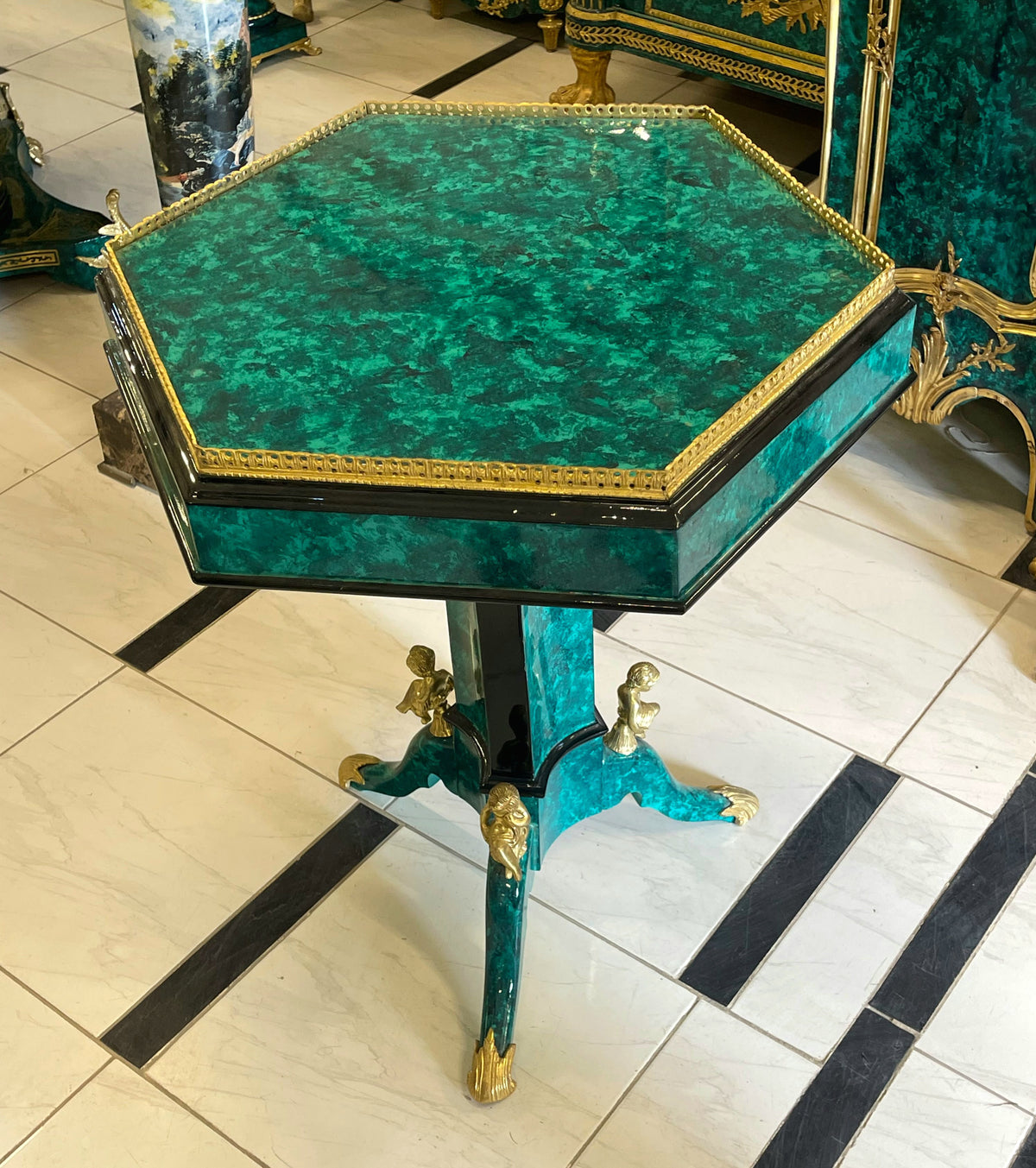 French-Inspired Geometric Center Table – Green Marbled Finish, Gold Leaf Trim & Sculptural Gilded Details