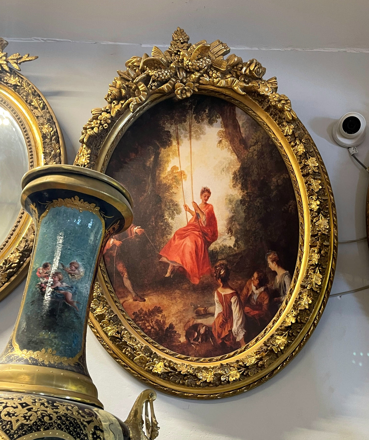 French Rococo-Style Wall Art – Romantic Woman on a Swing with Ornate Gold Leaf Frame