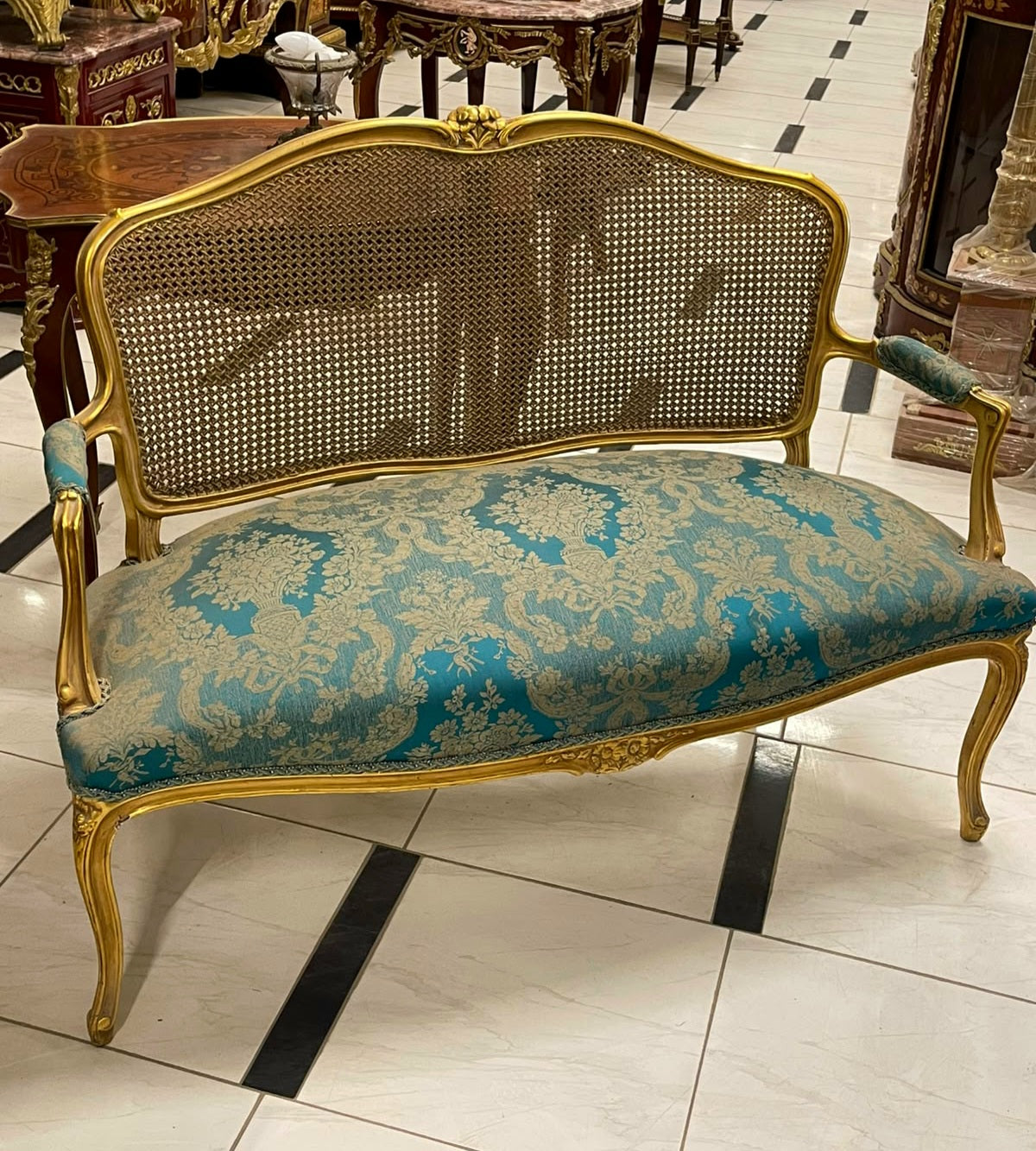 French Louis XV-Style Settee – Turquoise Blue Damask Upholstery, Gold Leaf Frame & Cane Backrest