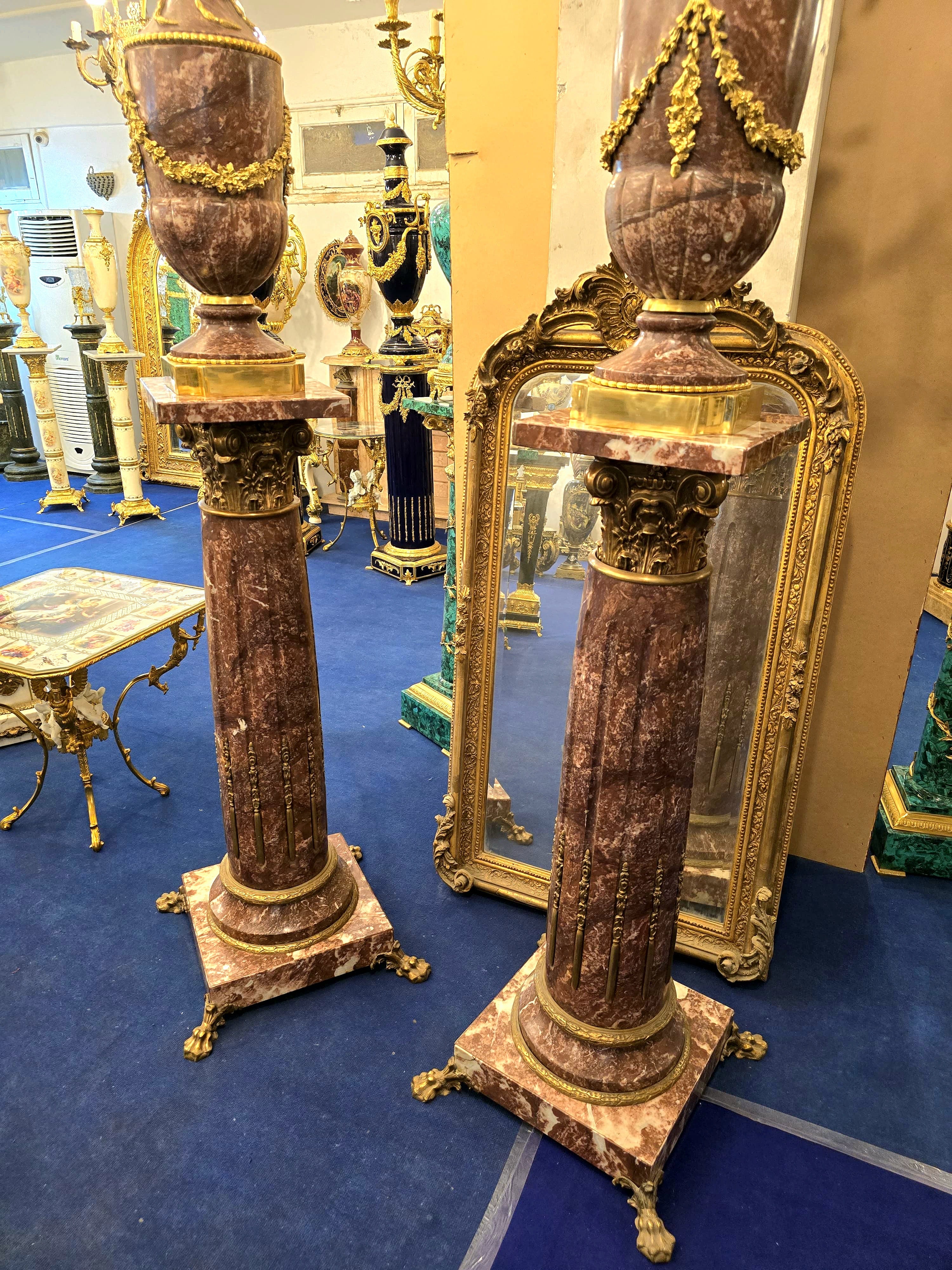 Magnificent Louis XVI-Style Porcelain Pedestal Centerpiece with Floral Gold Leaf Details & Gilded Bronze Accents
