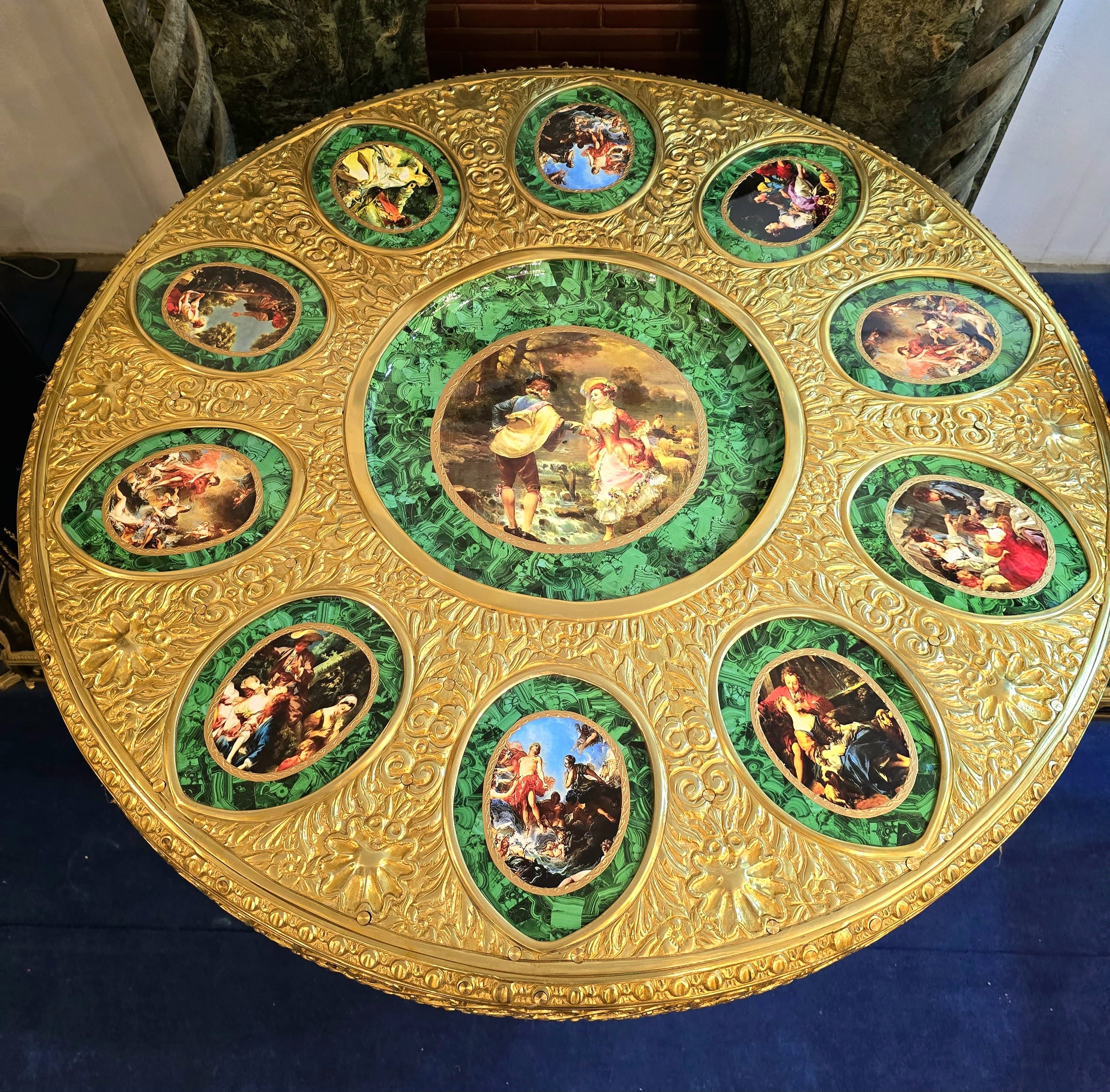 Victorian Inspired French Rococo Round Dining Table with Gold Details & Green Finish