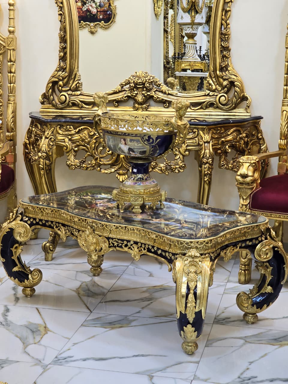 Monumental French Rococo Coffee Table with Hand-Painted Artwork Under Glass & Gilded Bronze Details