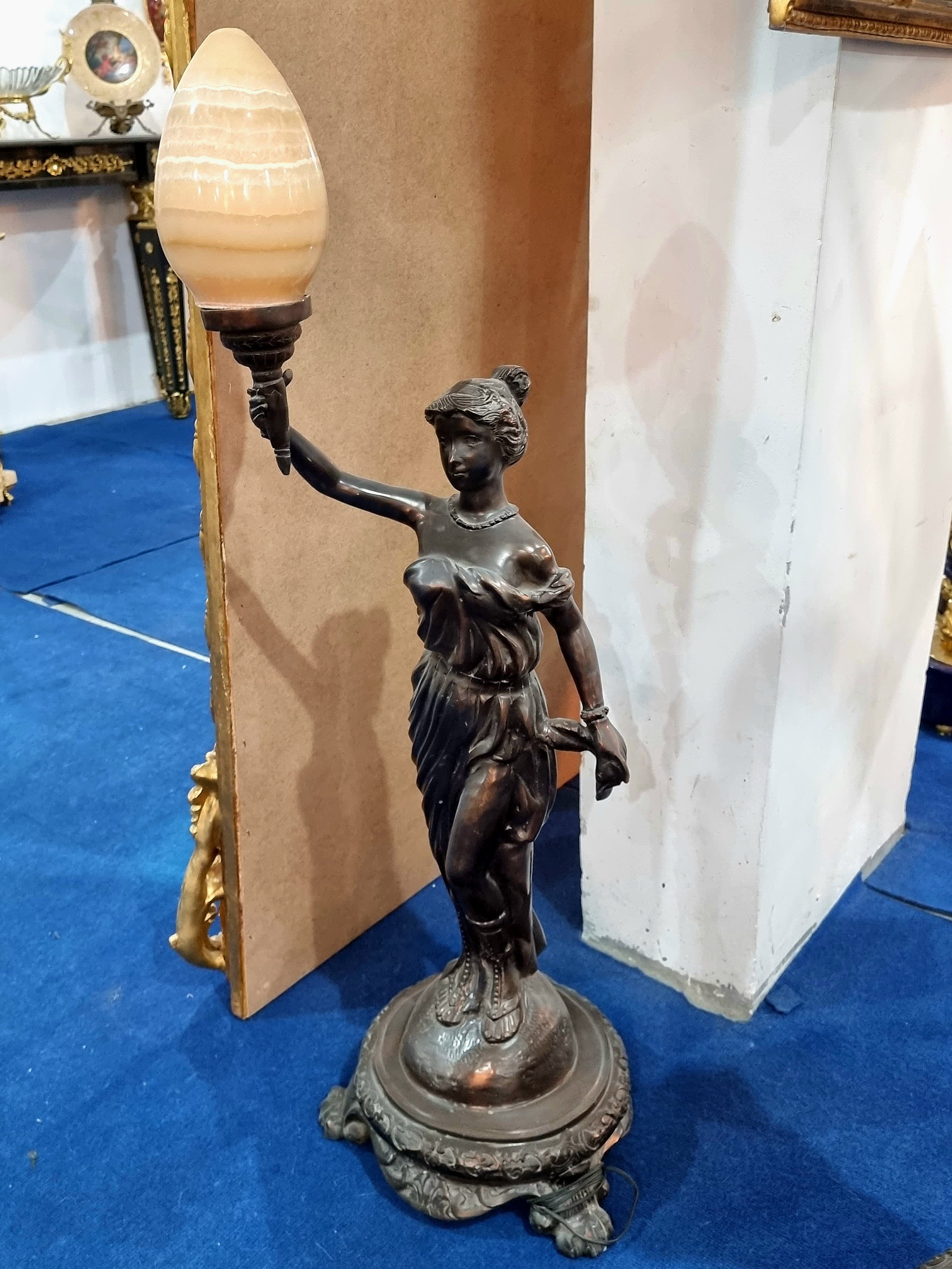 Art Deco Goddess Floor Lamp with Marble Glass Shade & Bronze Finish