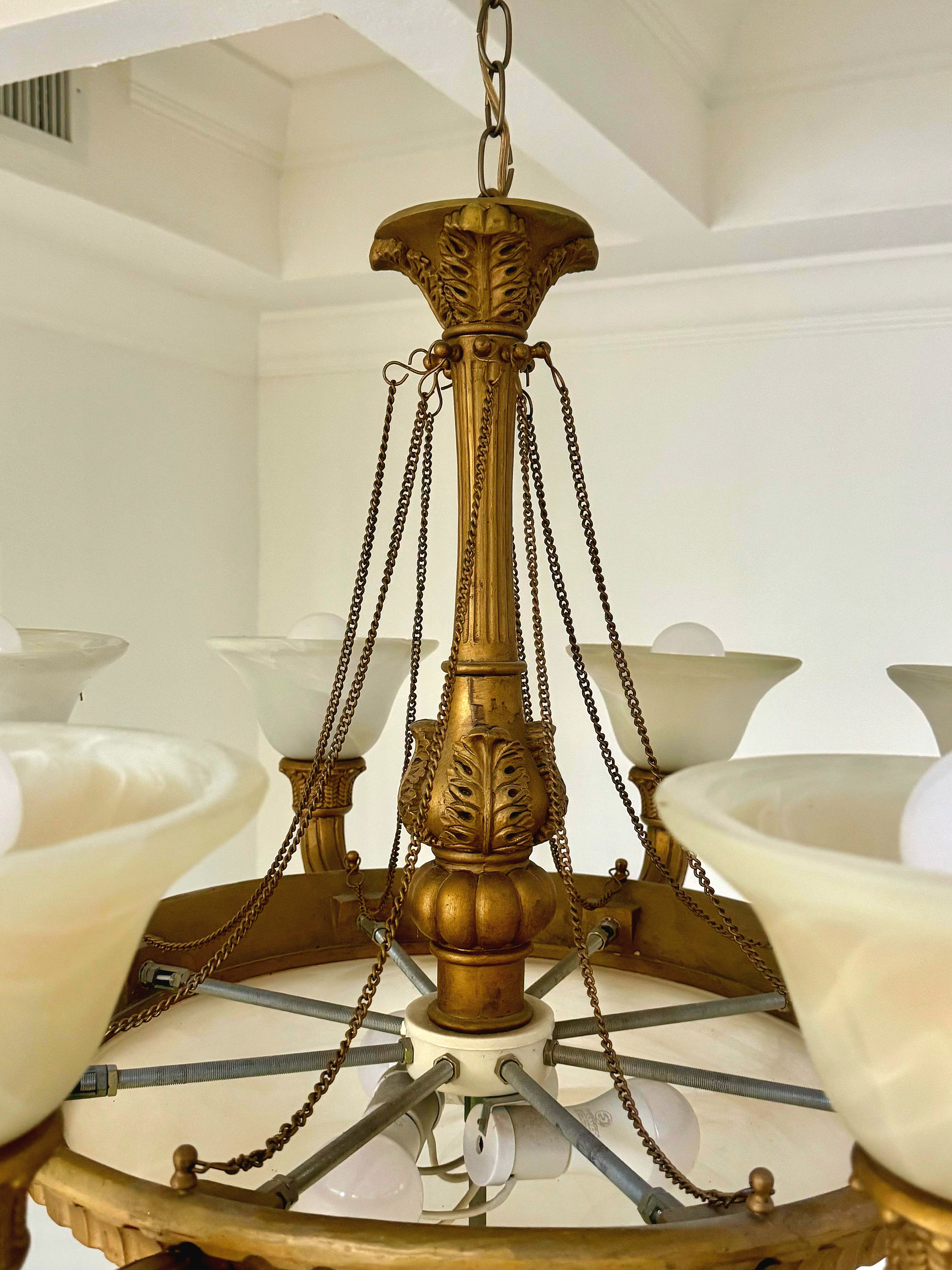 French Empire Vintage 36" Neoclassical Alabaster & Heavy Gilded Brass Chandelier 11 Bulbs