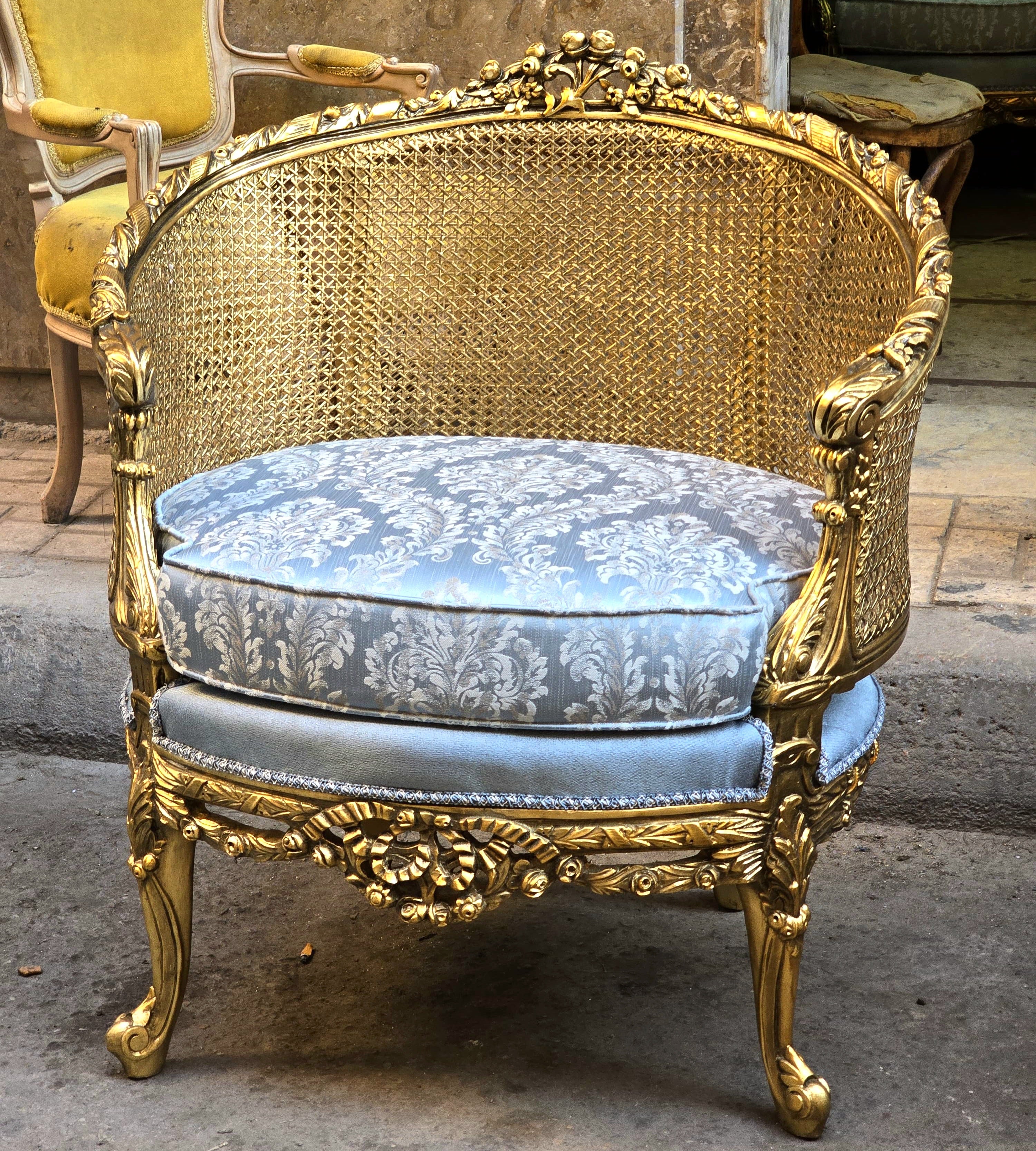 Baroque Style Sky Blue Damask Armchair – Gold Leaf Accent Chair with Pillow, Luxury French Seating