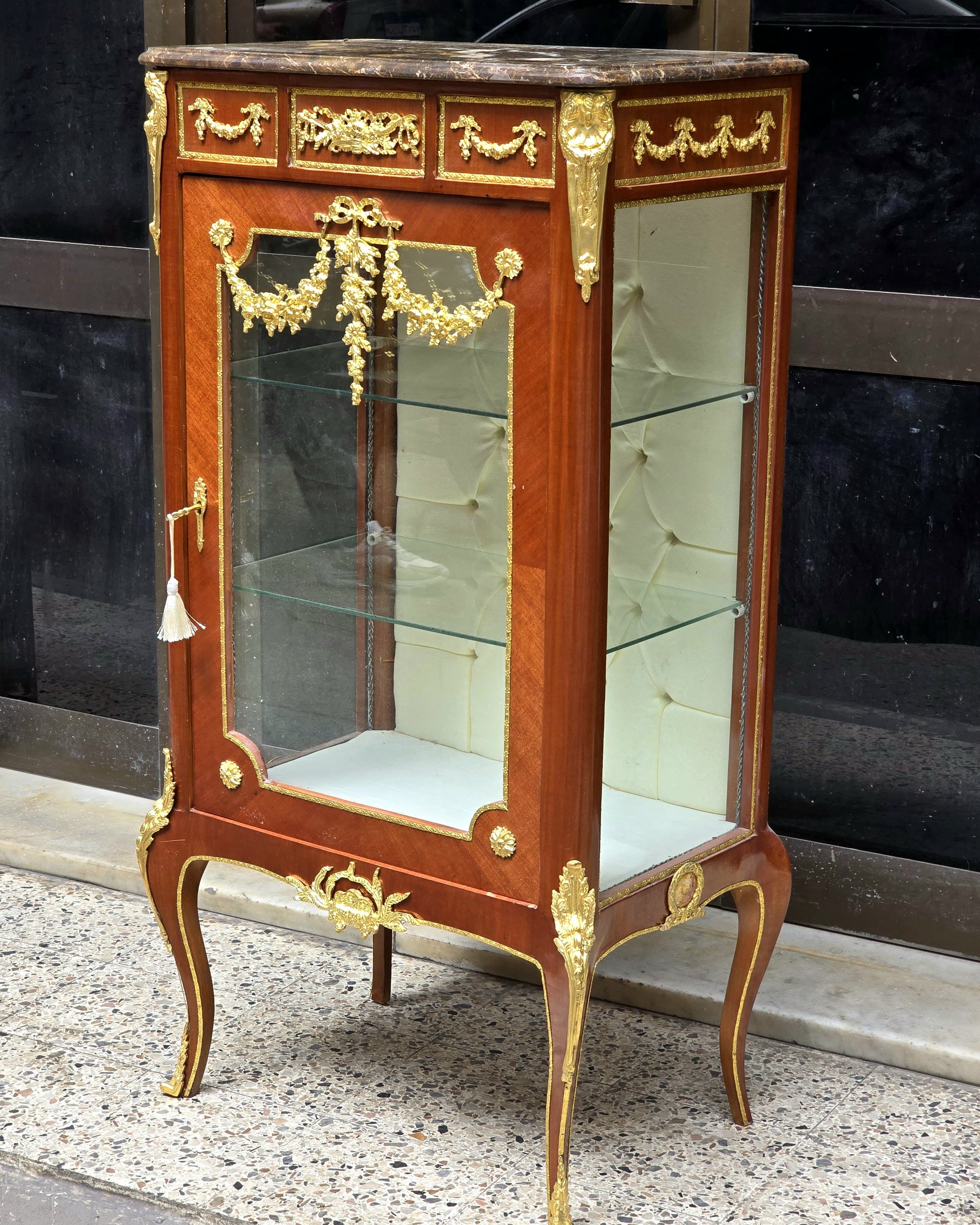 Louis XV Marquetry Bedside Cabinet with Glass Door, Marble Top & Gold Accents