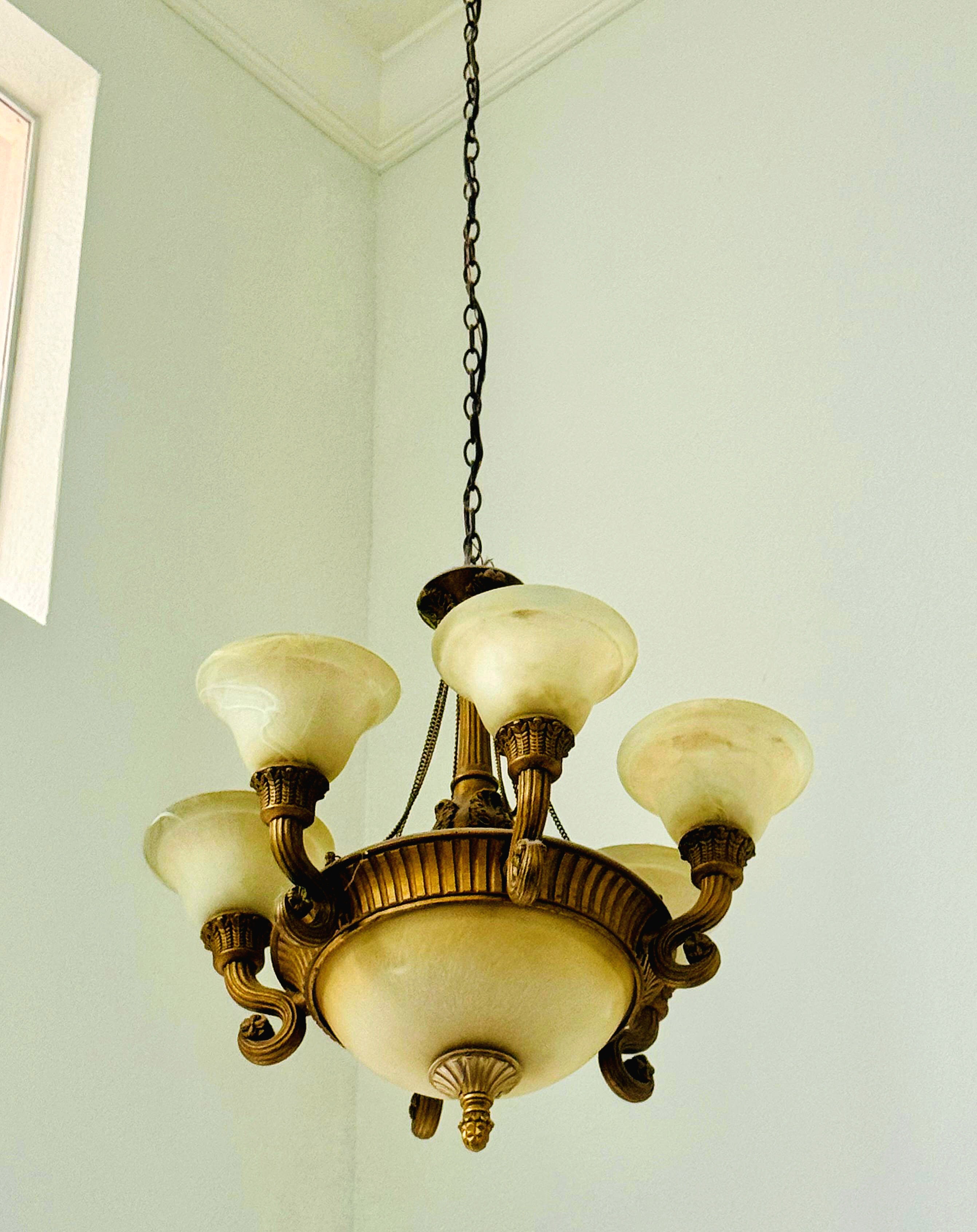 French Empire Vintage 26"H Set of 2 (ceiling to bottom 32”) Neoclassical Alabaster & Heavy Gilded Brass Chandelier 9 Bulbs