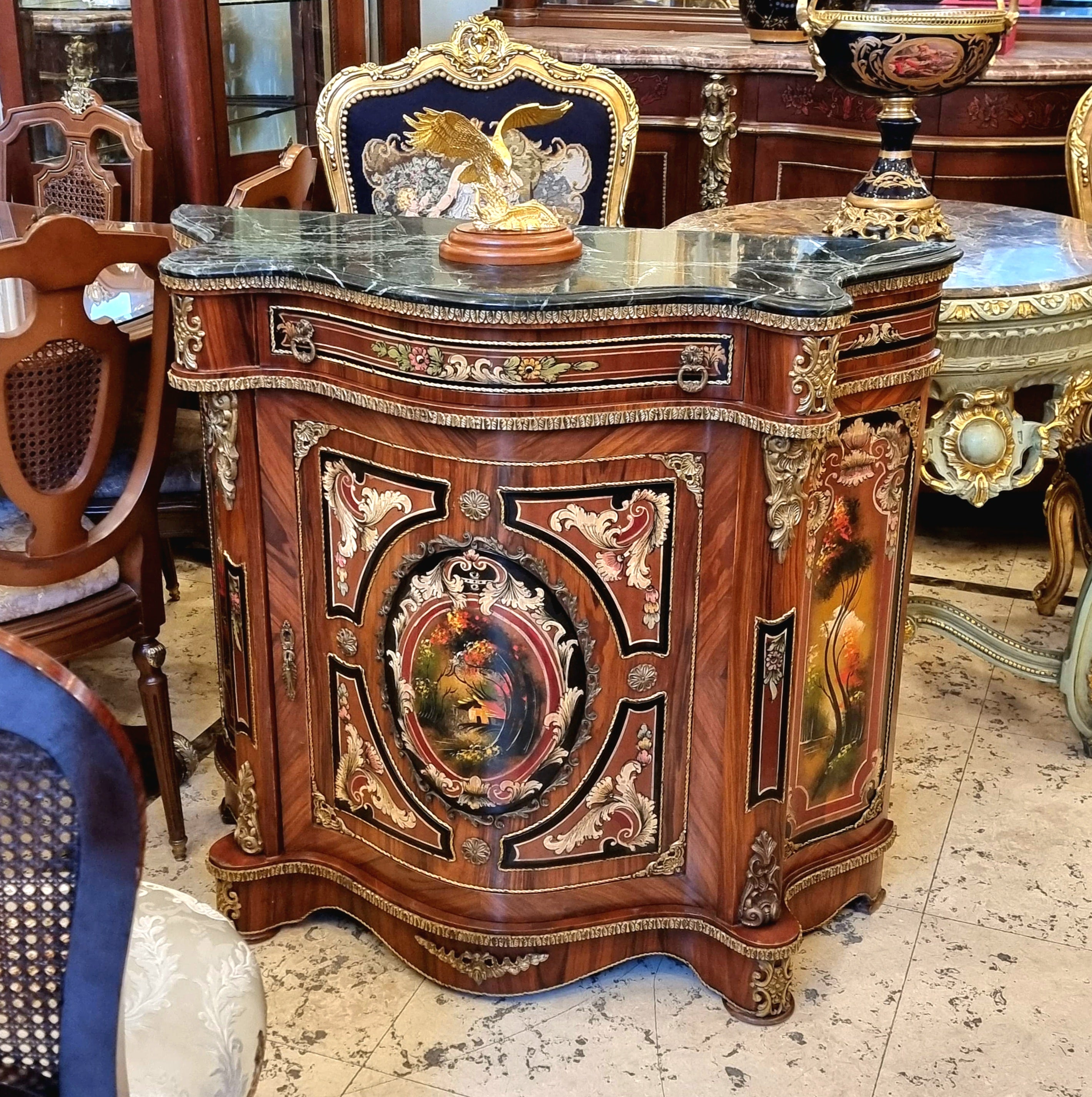 French Louis XVI Brown Commode – Marble Top, Marquetry & Gold Leaf Cabinet