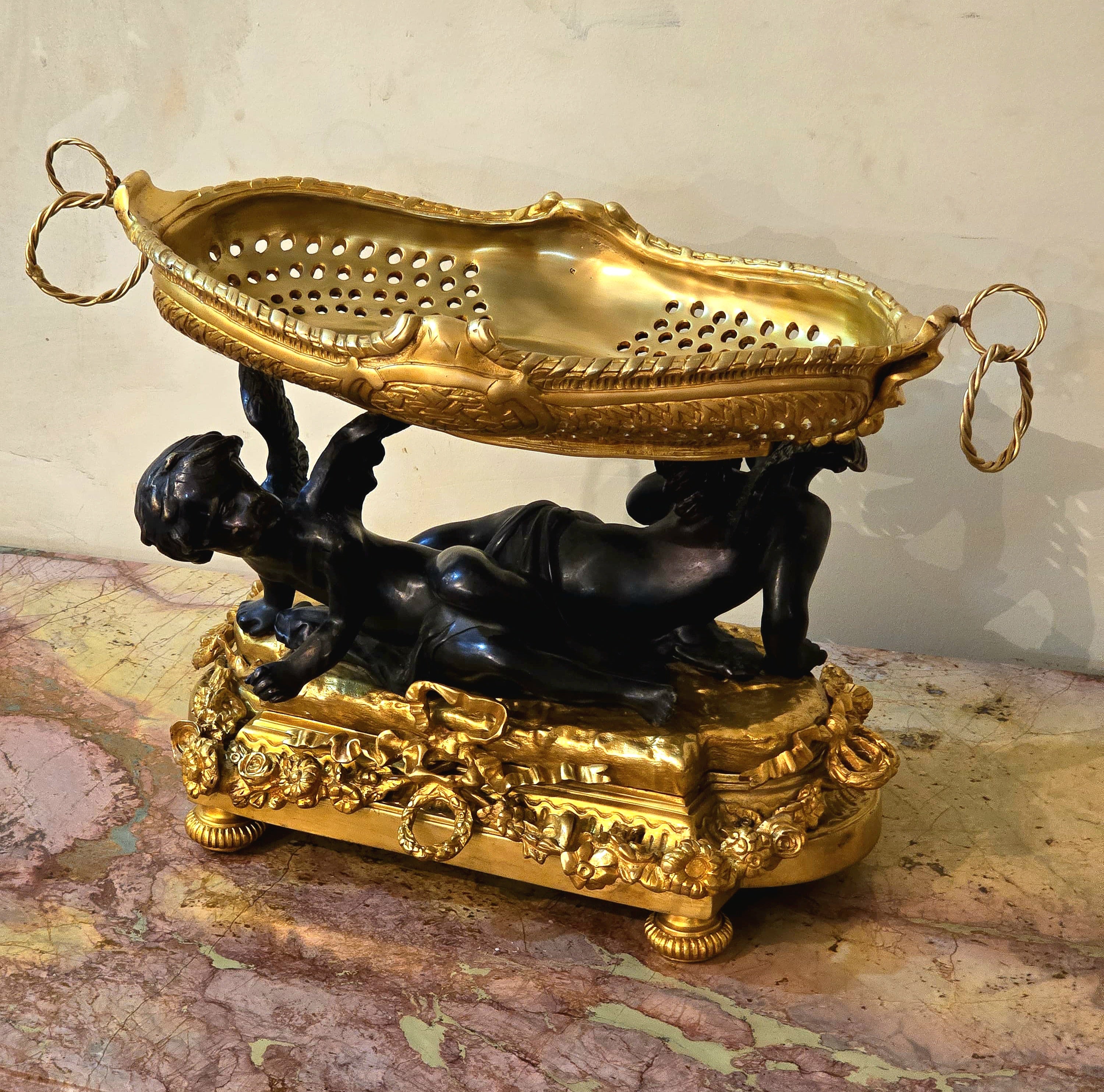 French Rococo Bronze Centerpiece Bowl with Cherub Figures & Gold Leaf Details
