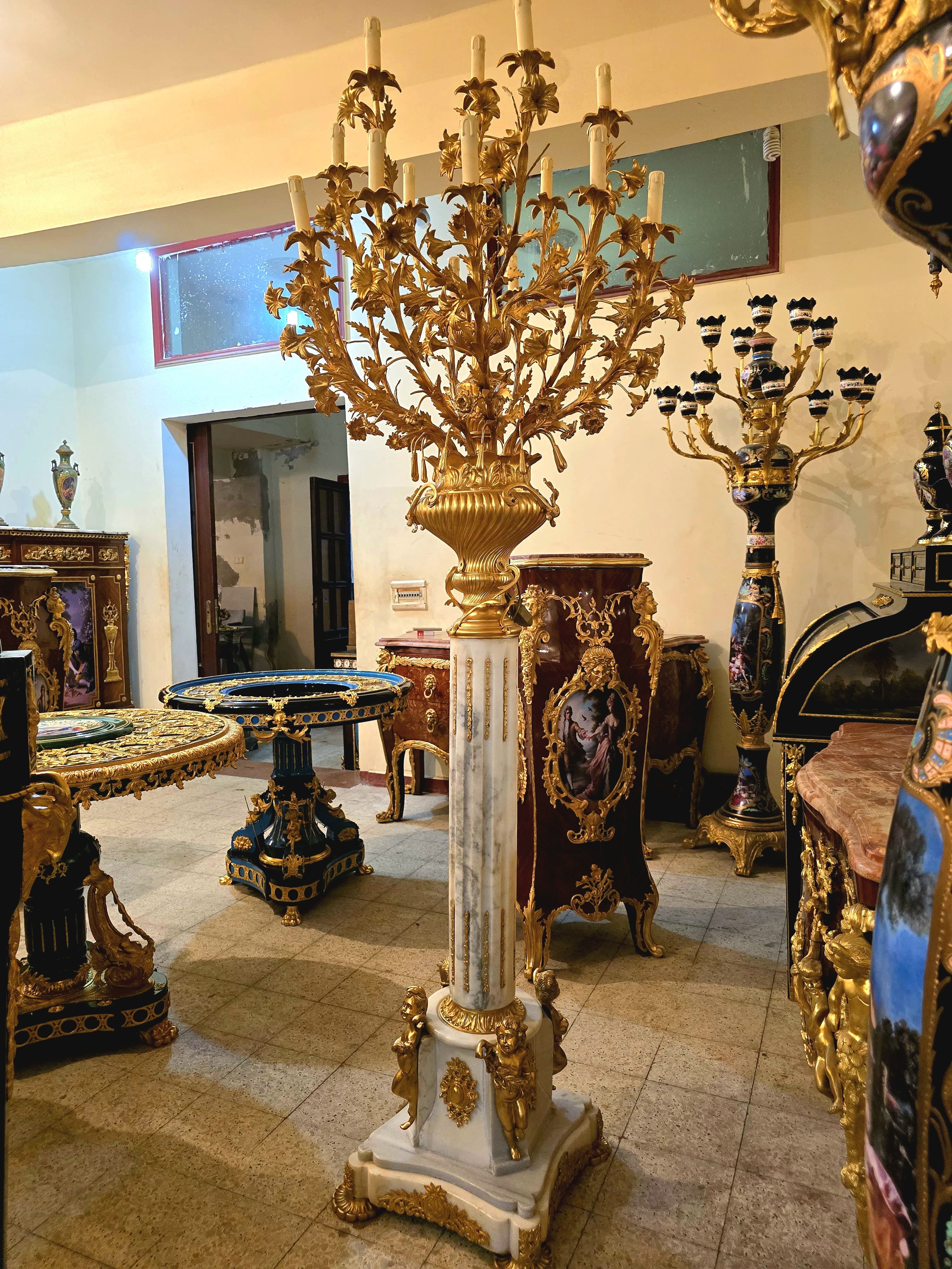 Elegant Louis XVI Style Pedestal Candelabra with Gold Leaf Floral Details & Gilded Bronze Accents
