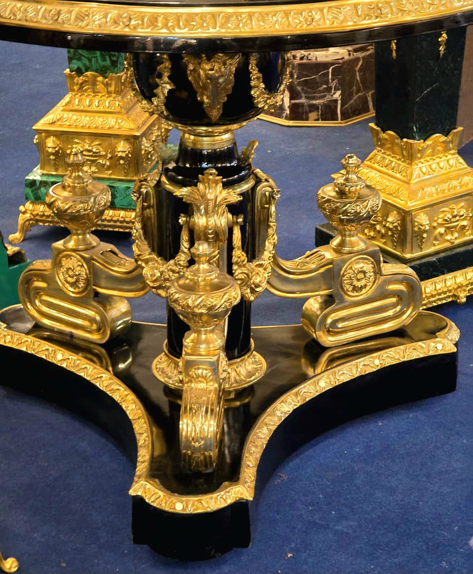Grand Rococo Style Black Round Dining Table with Gold Leaf Details & Decorative Artwork Insets