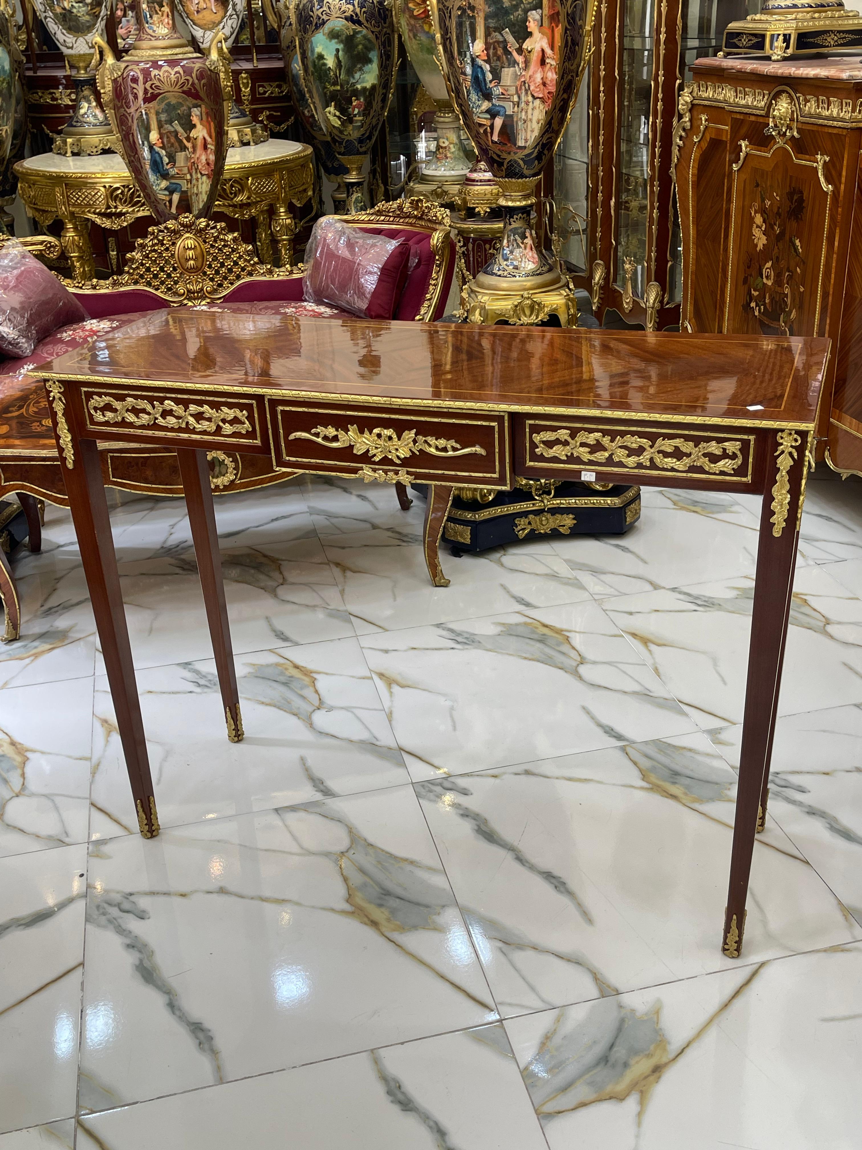 Vintage French Style Console Table / Desk – Handcrafted Brown Finish with Gold Leaf Trim, 35"H x 44"W x 15"D