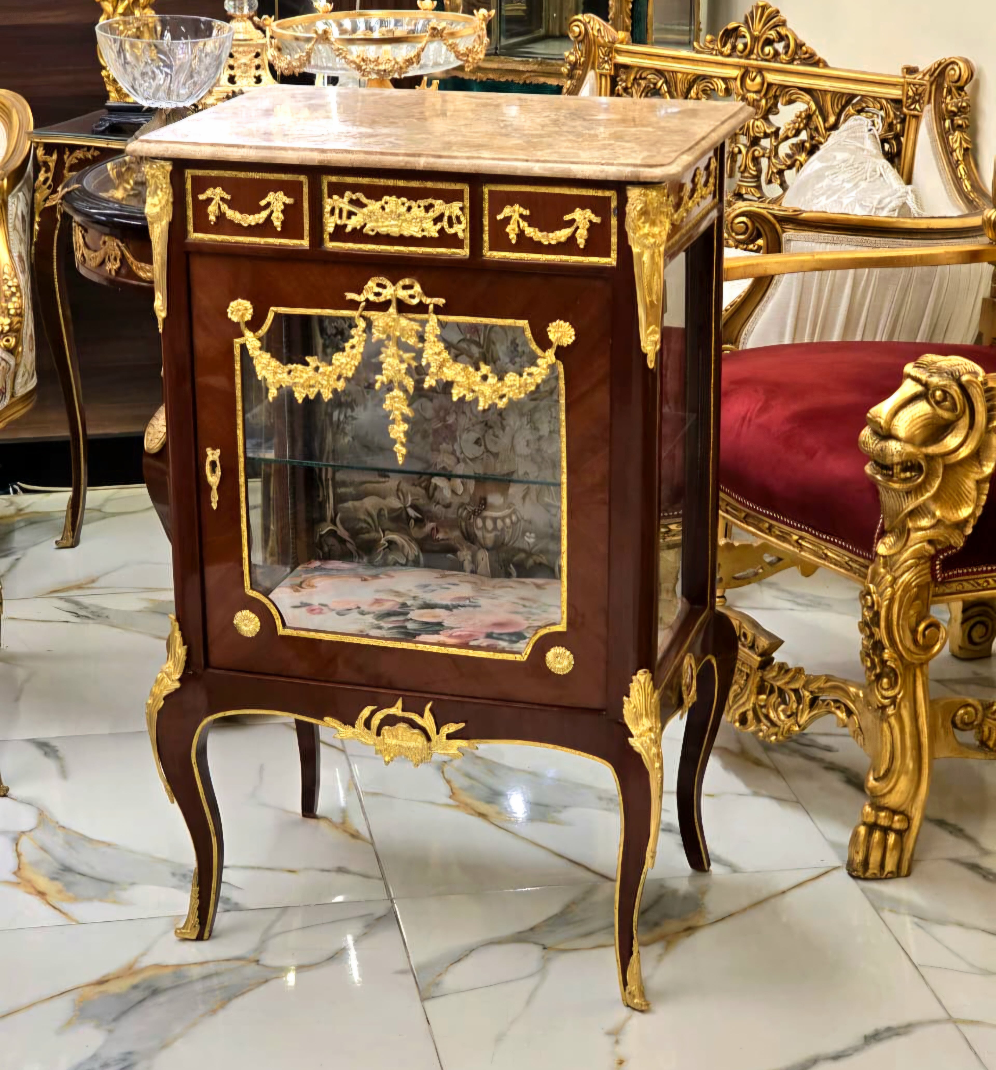 Louis XV Marquetry Bedside Cabinet with Floral Damask Interior & Marble Top