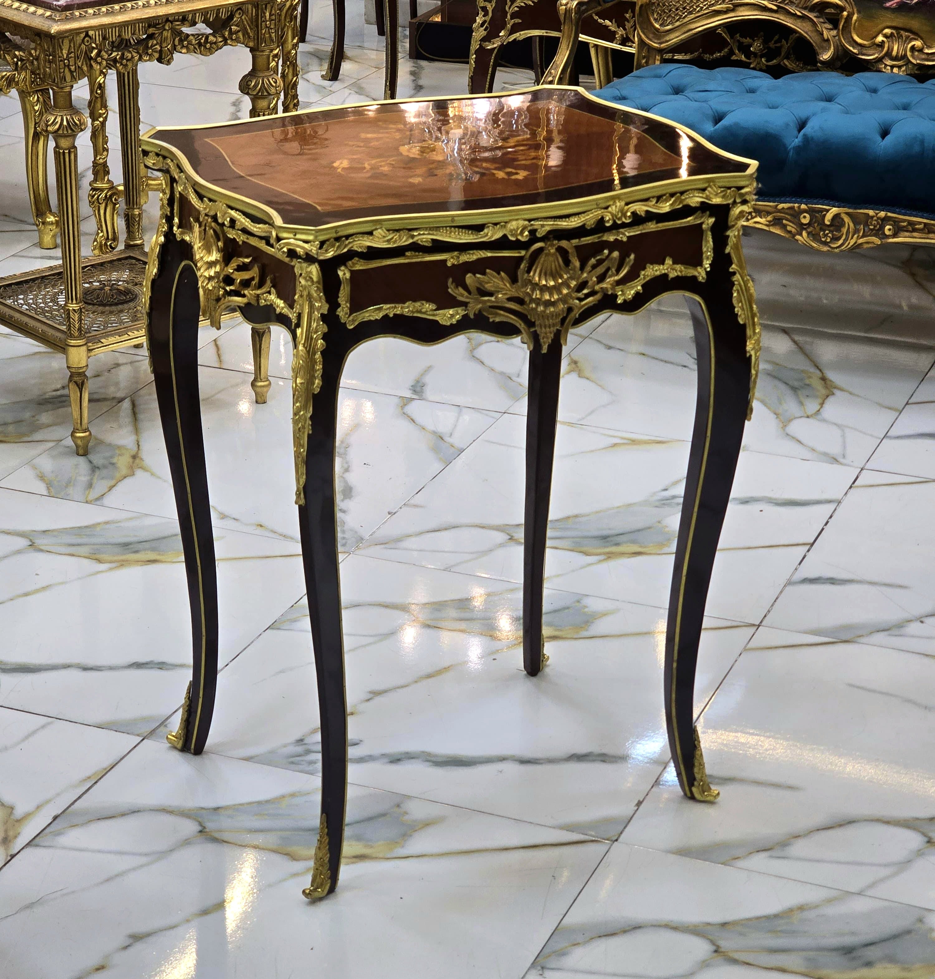 French Accent Side Table with Glass Top, Gold Leaf & Bronze Details