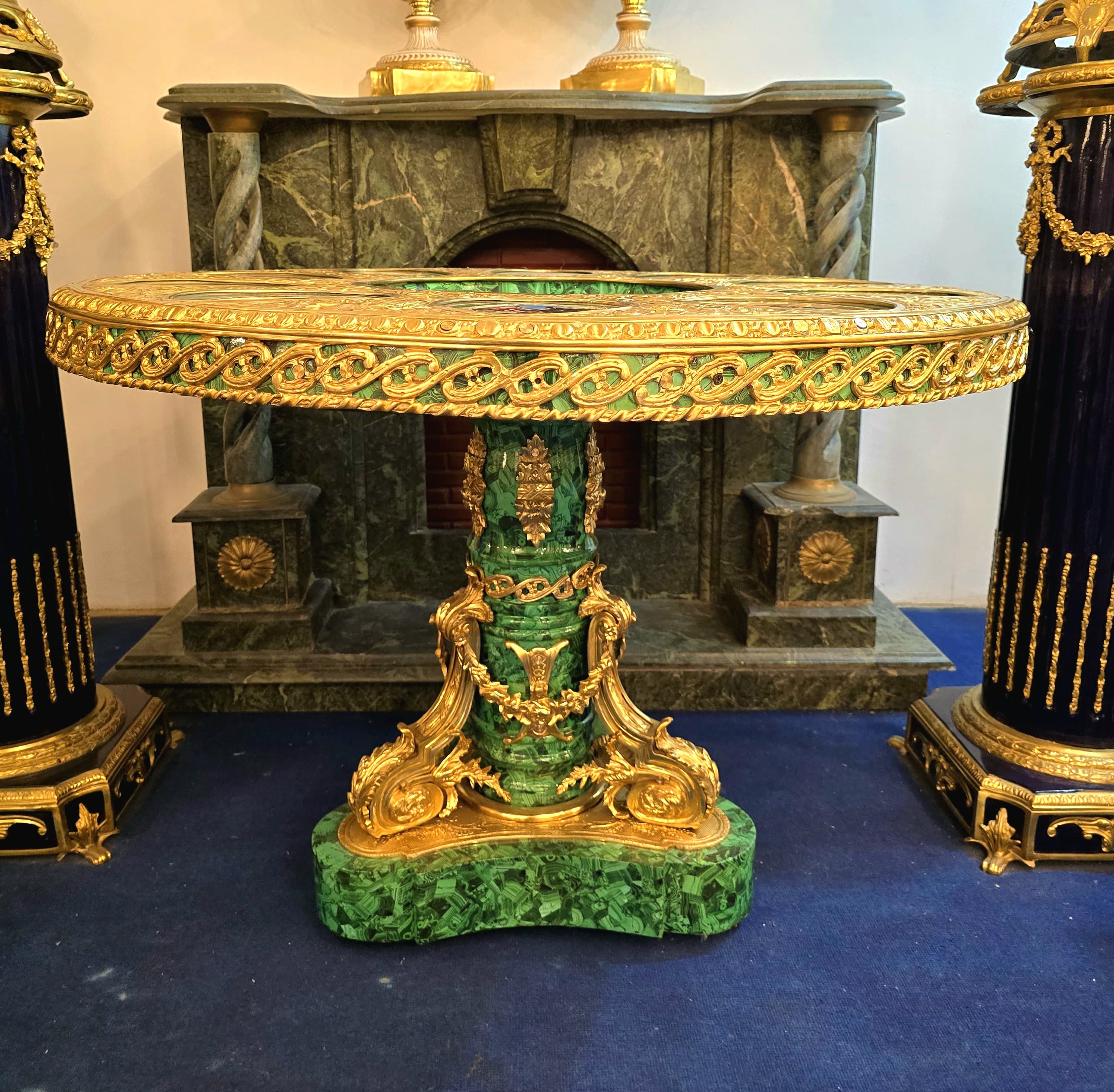 Victorian Inspired French Rococo Round Dining Table with Gold Details & Green Finish