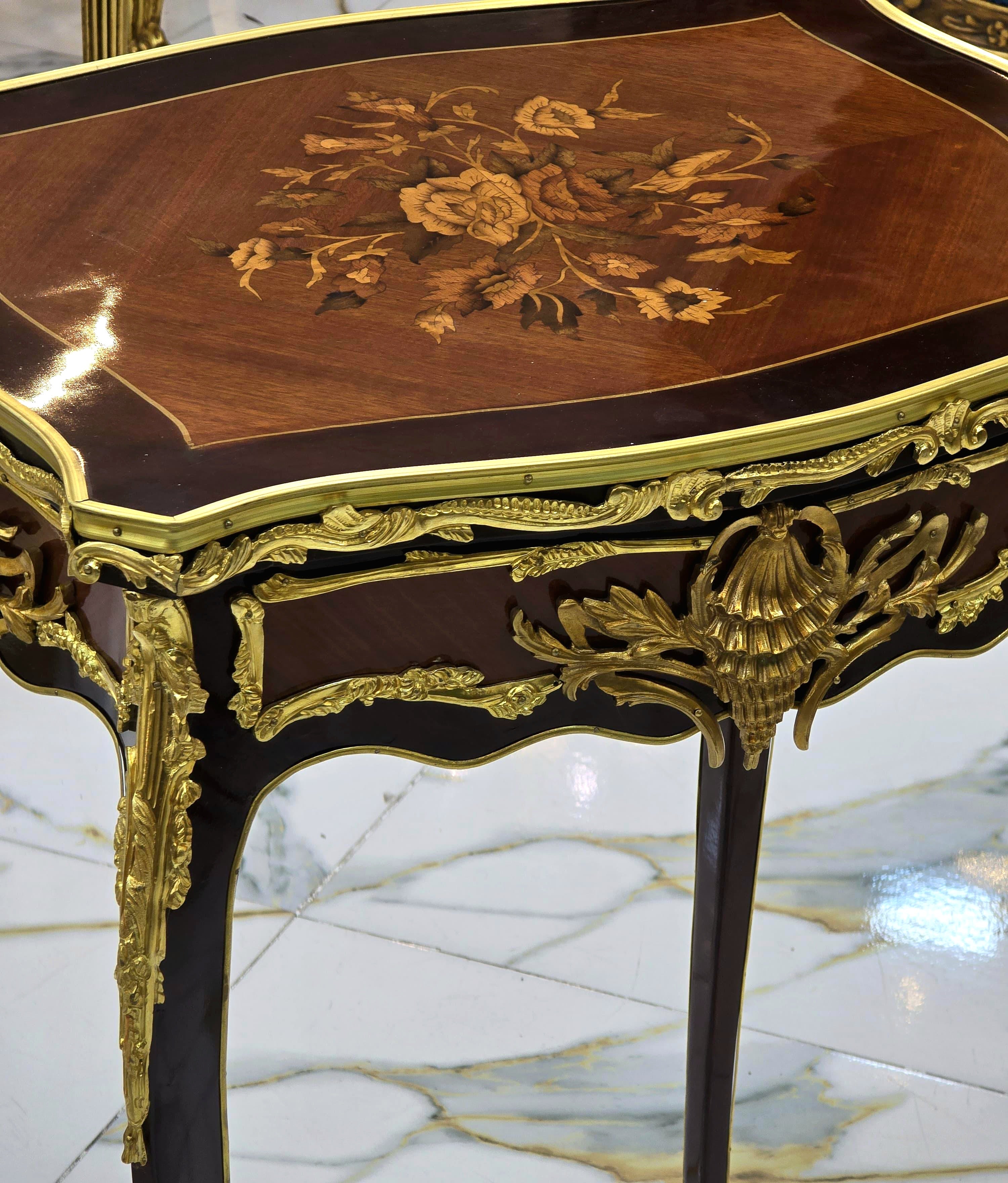 French Accent Side Table with Glass Top, Gold Leaf & Bronze Details