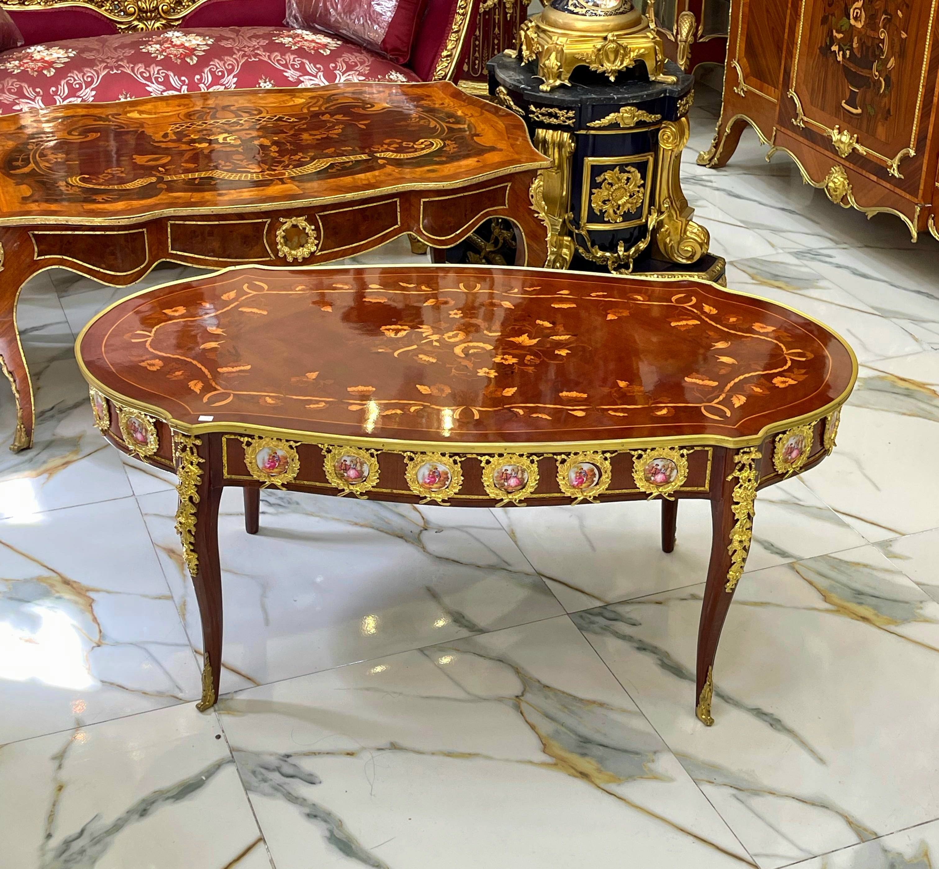 Luxury French Style Coffee Table – Wood Construction with Bronze Accents