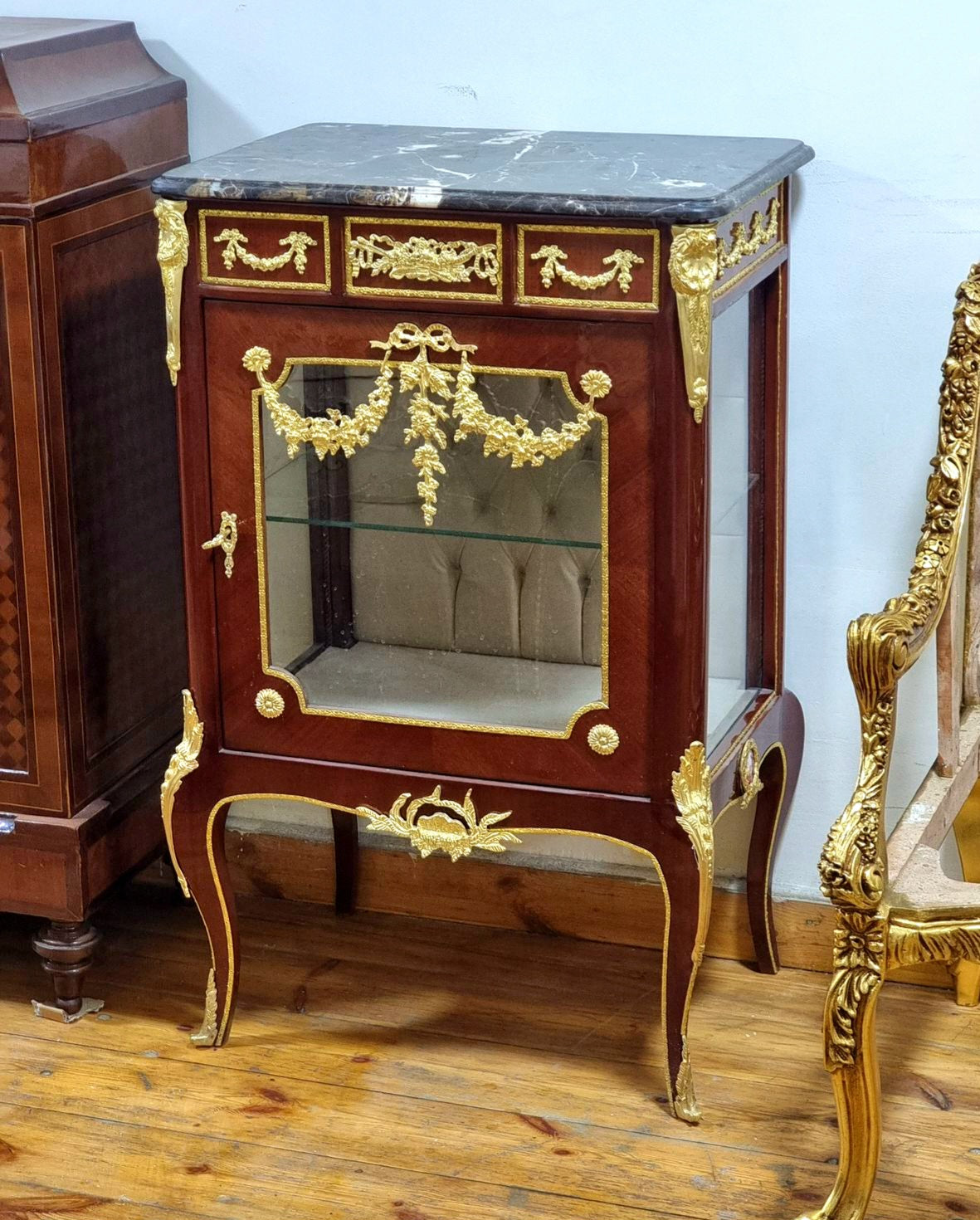 Louis XV Style Marquetry Bedside Cabinet with Glass Door, Marble Top & Gold Accents