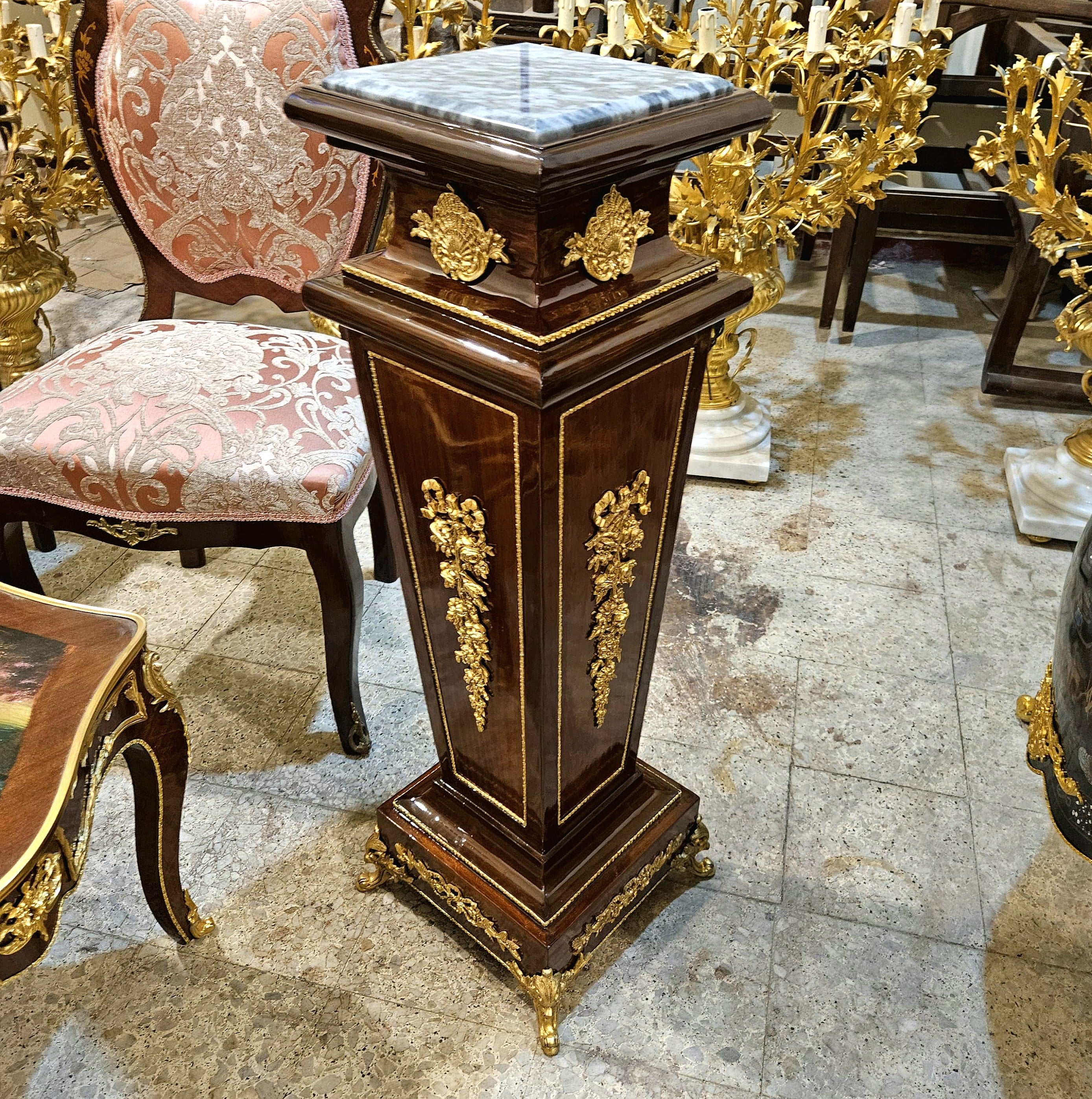 French Rococo Geometric Pedestal – Dark Wood Marble Top Column with Bronze & Gold Leaf Details