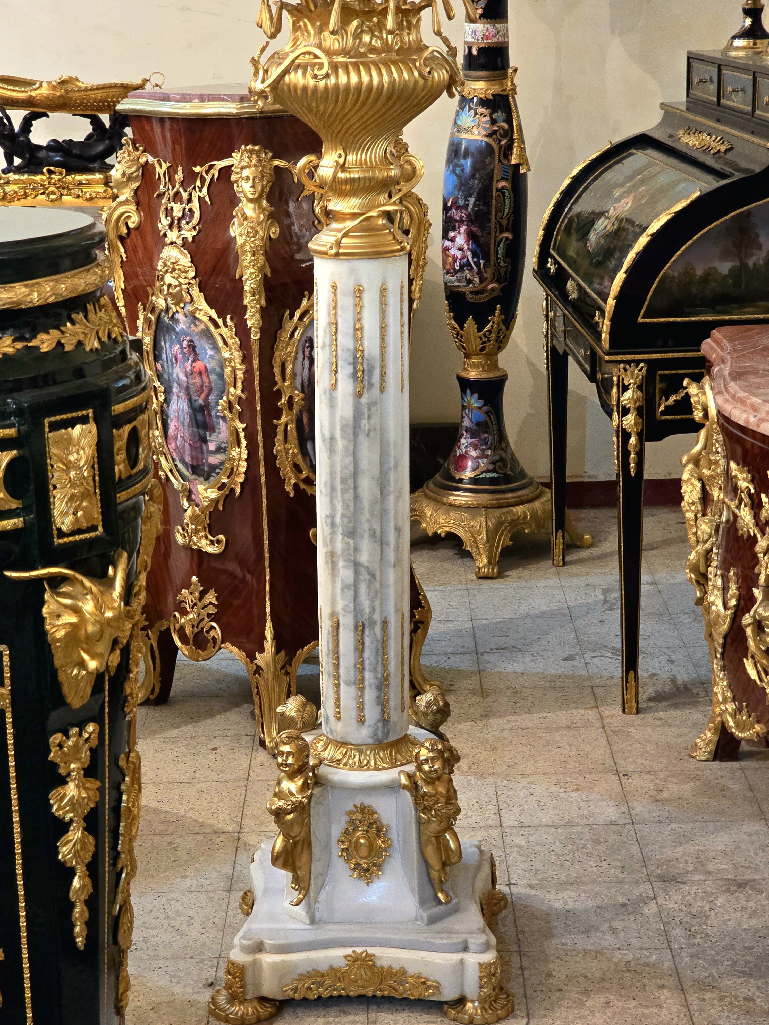 Elegant Louis XVI Style Pedestal Candelabra with Gold Leaf Floral Details & Gilded Bronze Accents