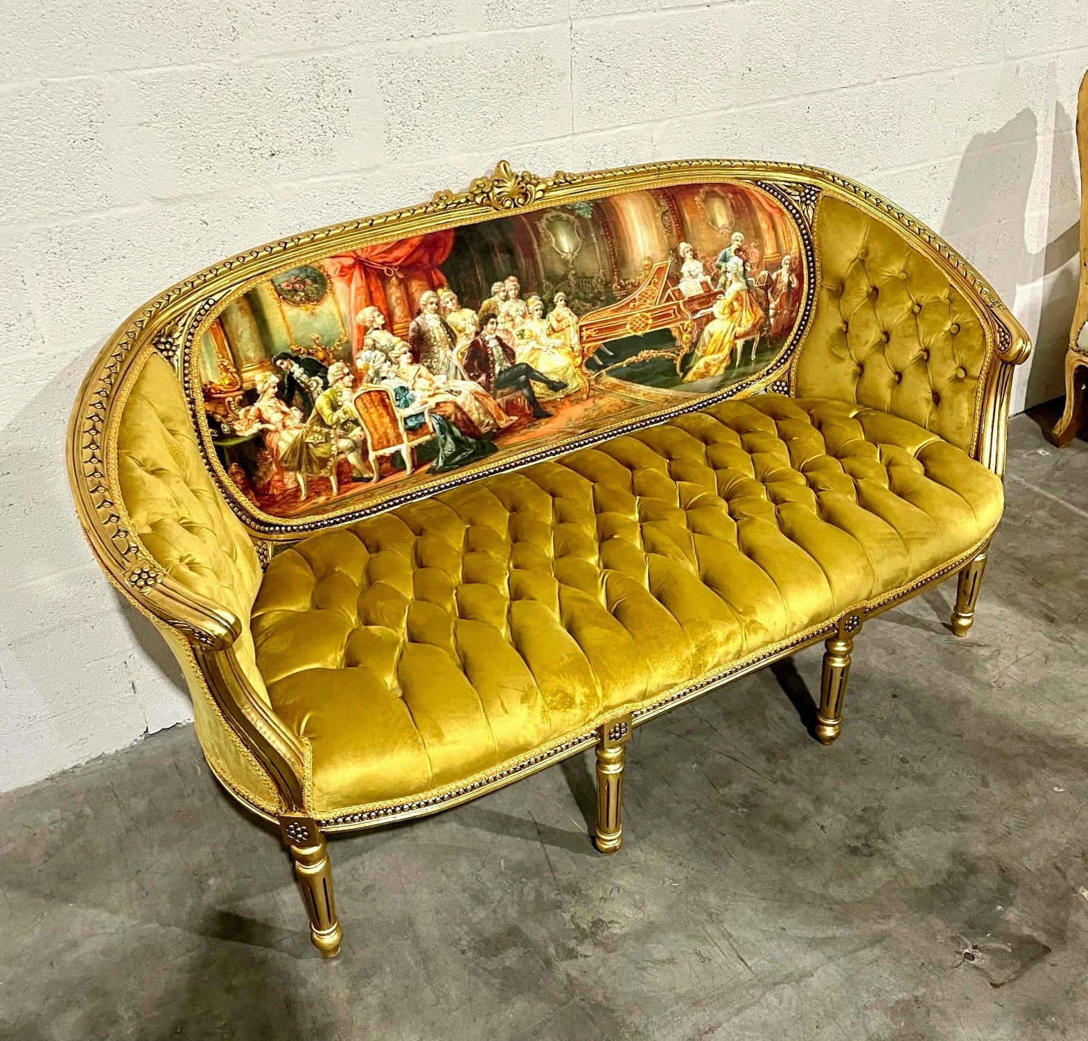 French Tufted Mustard Sofa – Victorian Scene Upholstery, Gold Leaf, Baroque Style, Luxury Vintage French Furniture