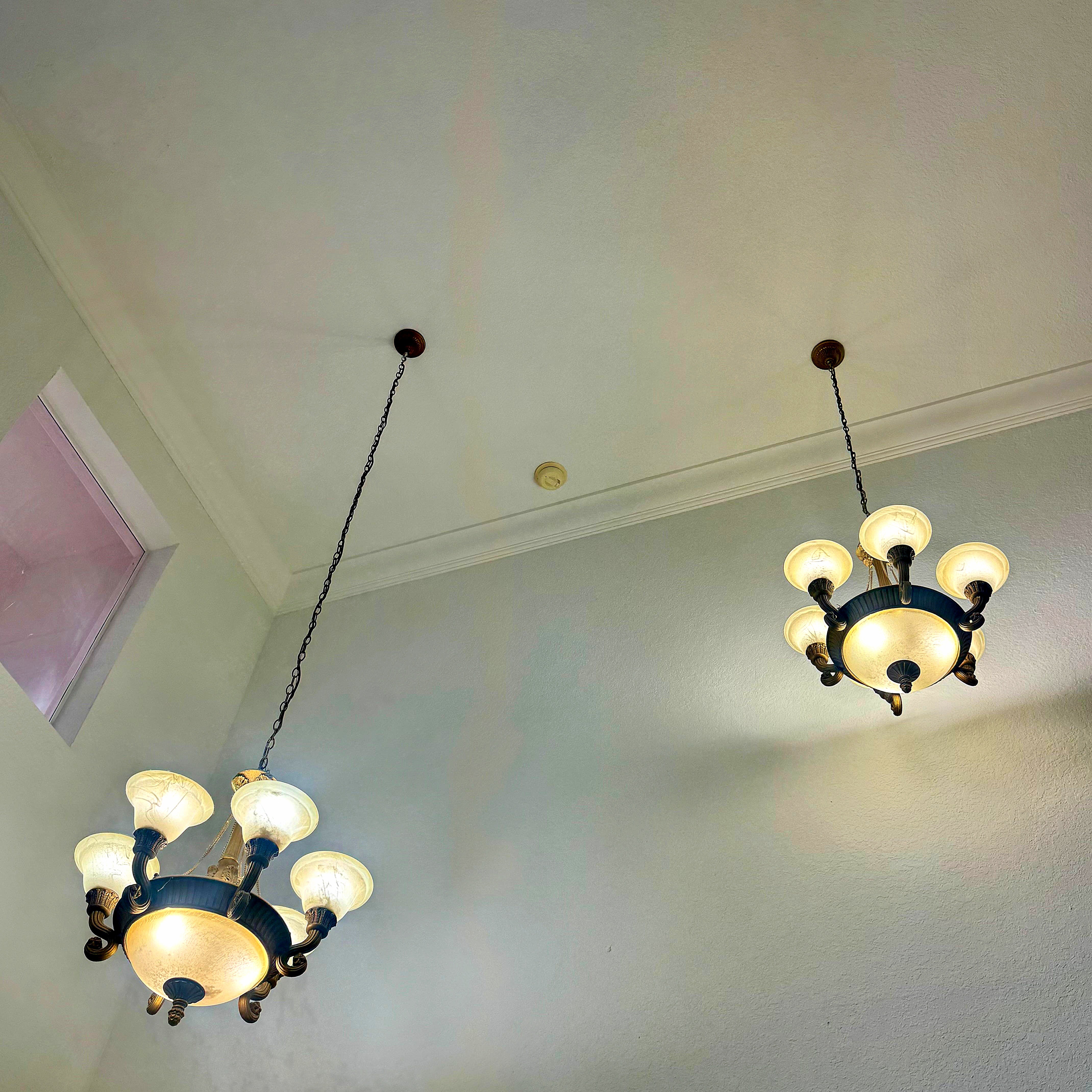 French Empire Vintage 26"H Set of 2 (ceiling to bottom 32”) Neoclassical Alabaster & Heavy Gilded Brass Chandelier 9 Bulbs