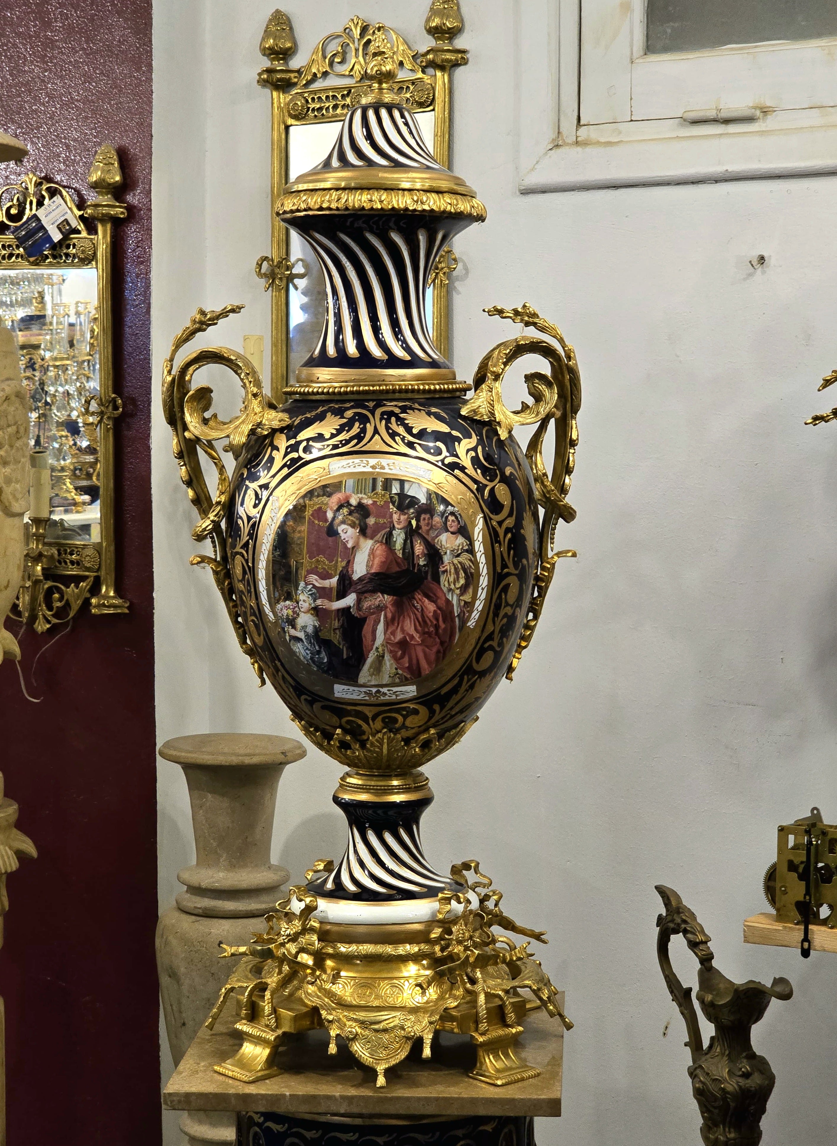 Grand Baroque-Style Black Porcelain Vase with Marble Pedestal & Gold Leaf Details