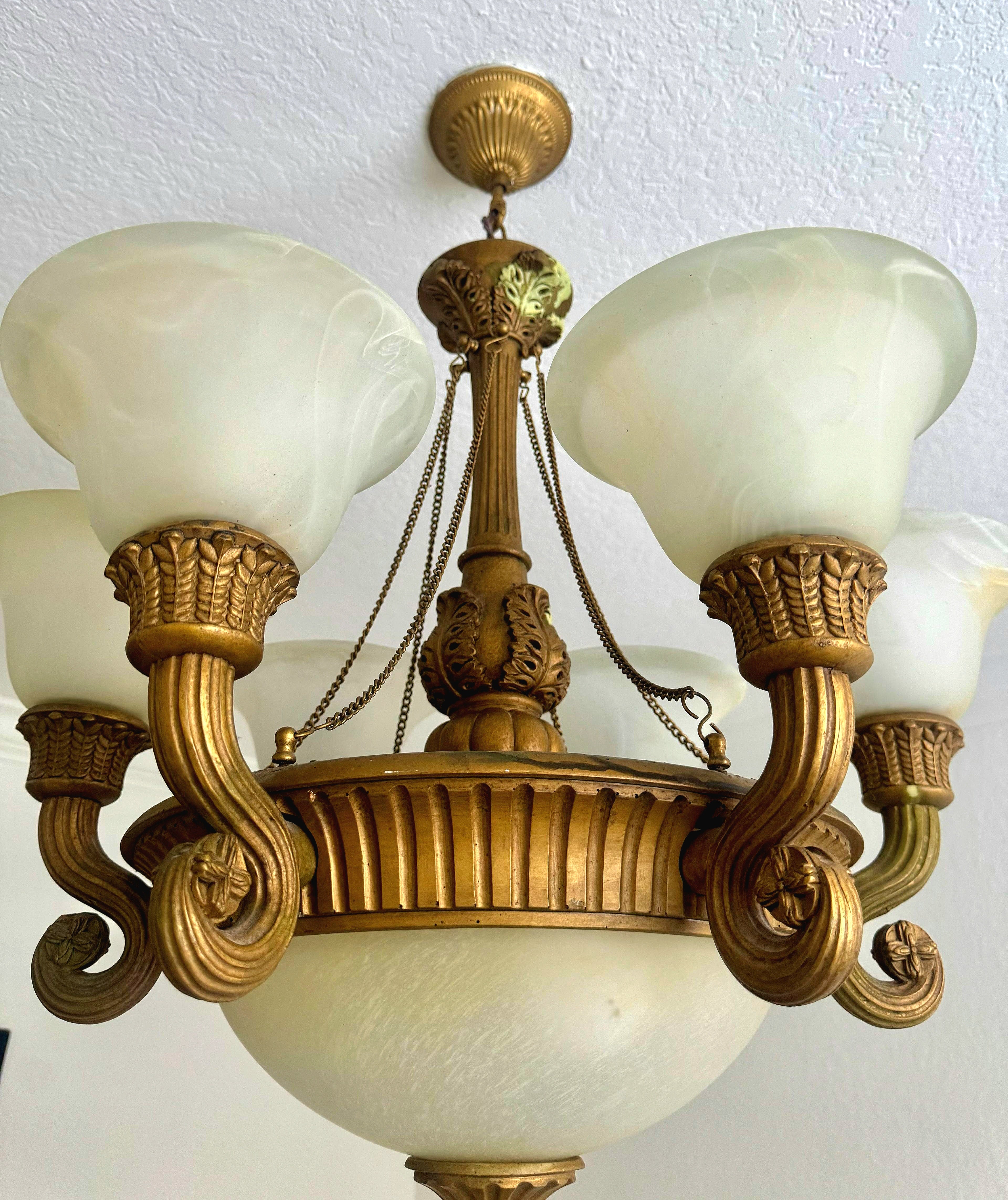 French Empire Vintage 26"H (ceiling to bottom 32”) Neoclassical Alabaster & Heavy Gilded Brass Chandelier 9 Bulbs