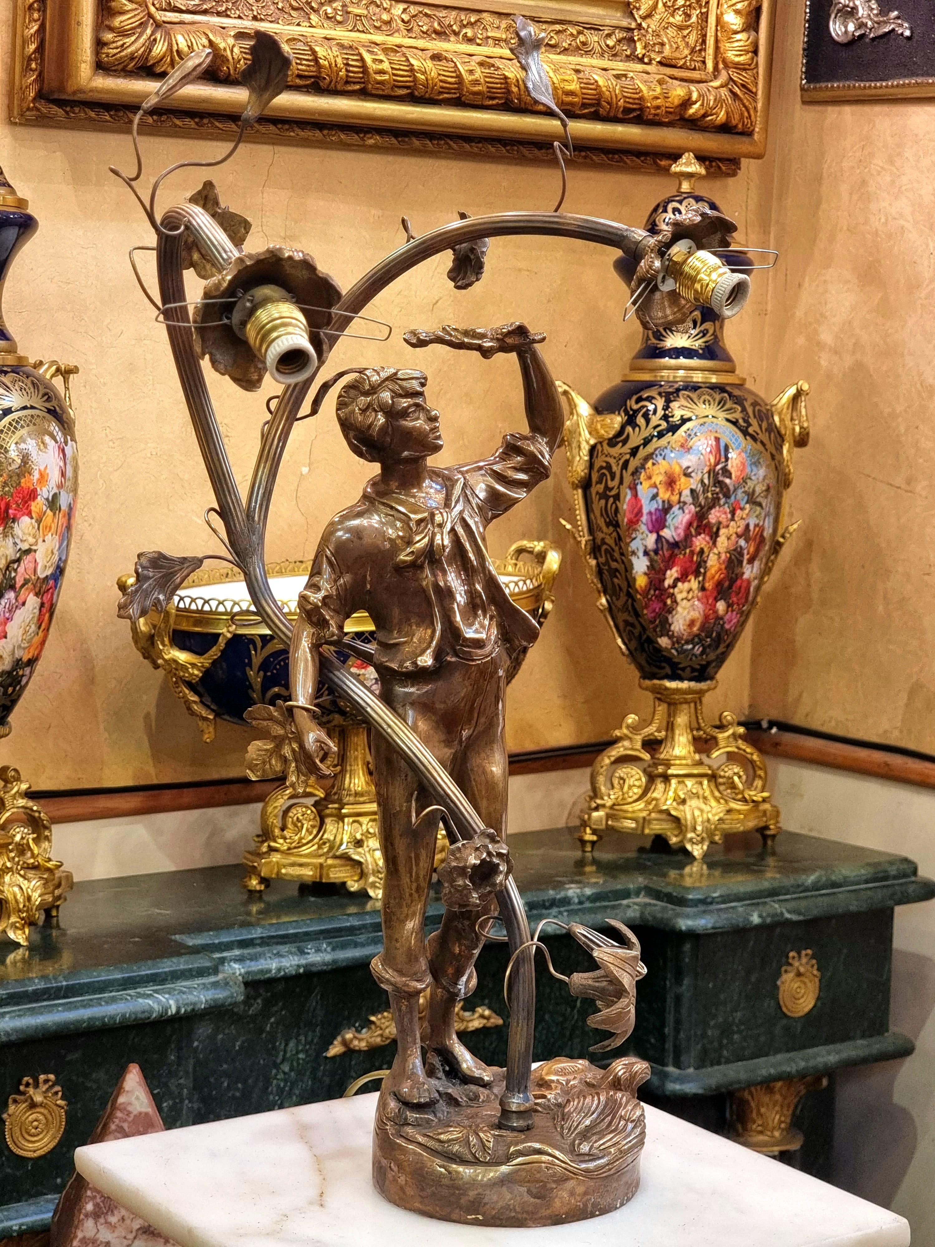 Art Nouveau Cherub Table Lamp with Floral Glass Shades & Bronze Finish